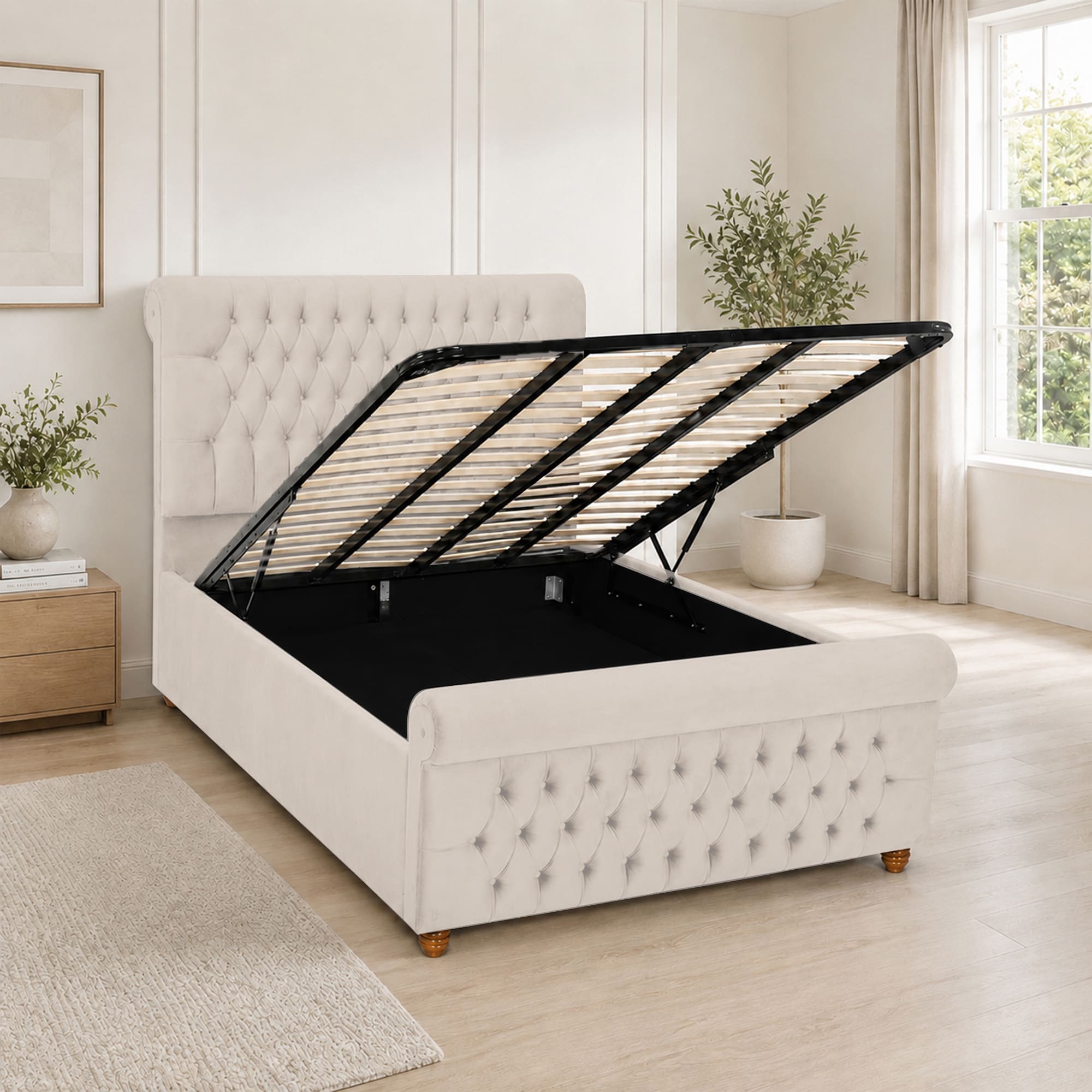 Luxury Plush Velvet Fabric Upholstered Bed With Headboard Ottoman Storage