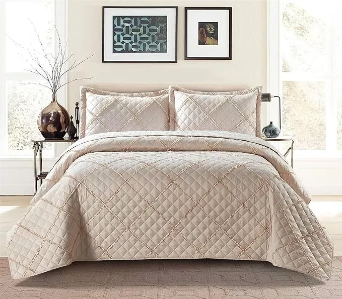 Ruffle Embossed 3 Piece Quilted Bedspread Set
