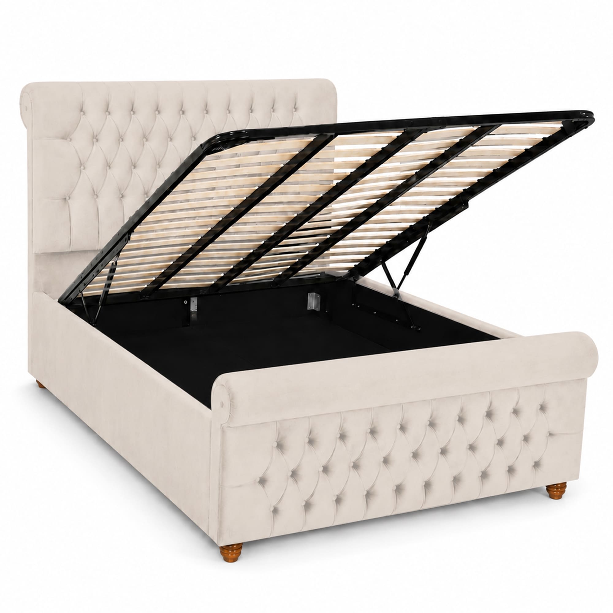 Luxury Plush Velvet Fabric Upholstered Bed With Headboard Ottoman Storage