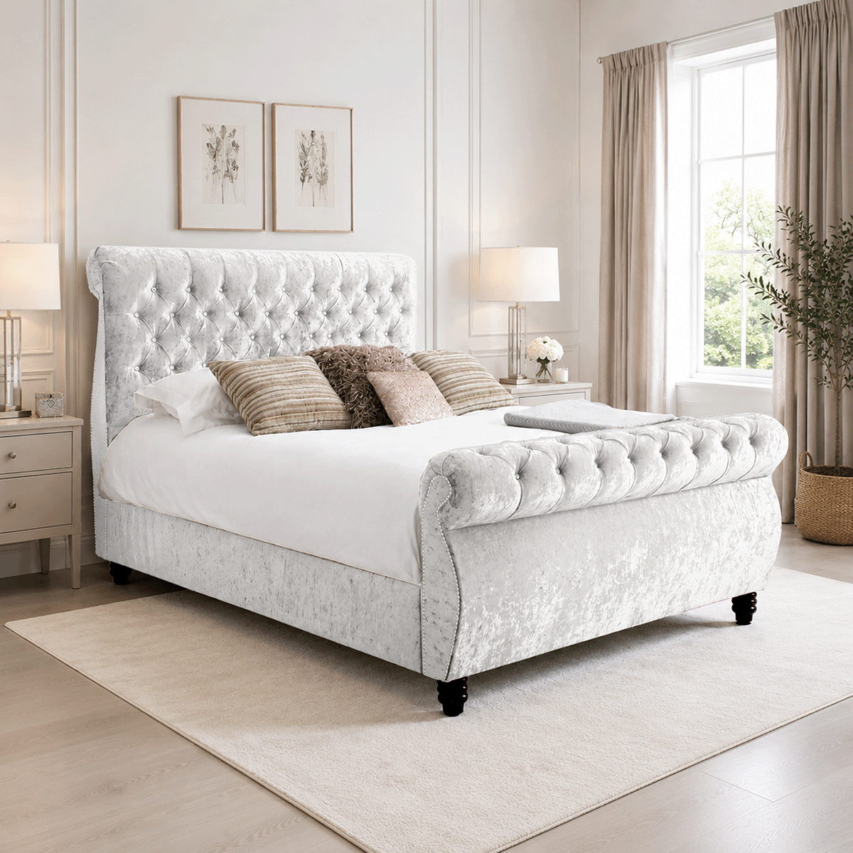 Royal Swan Sleigh Bed Crushed Velvet