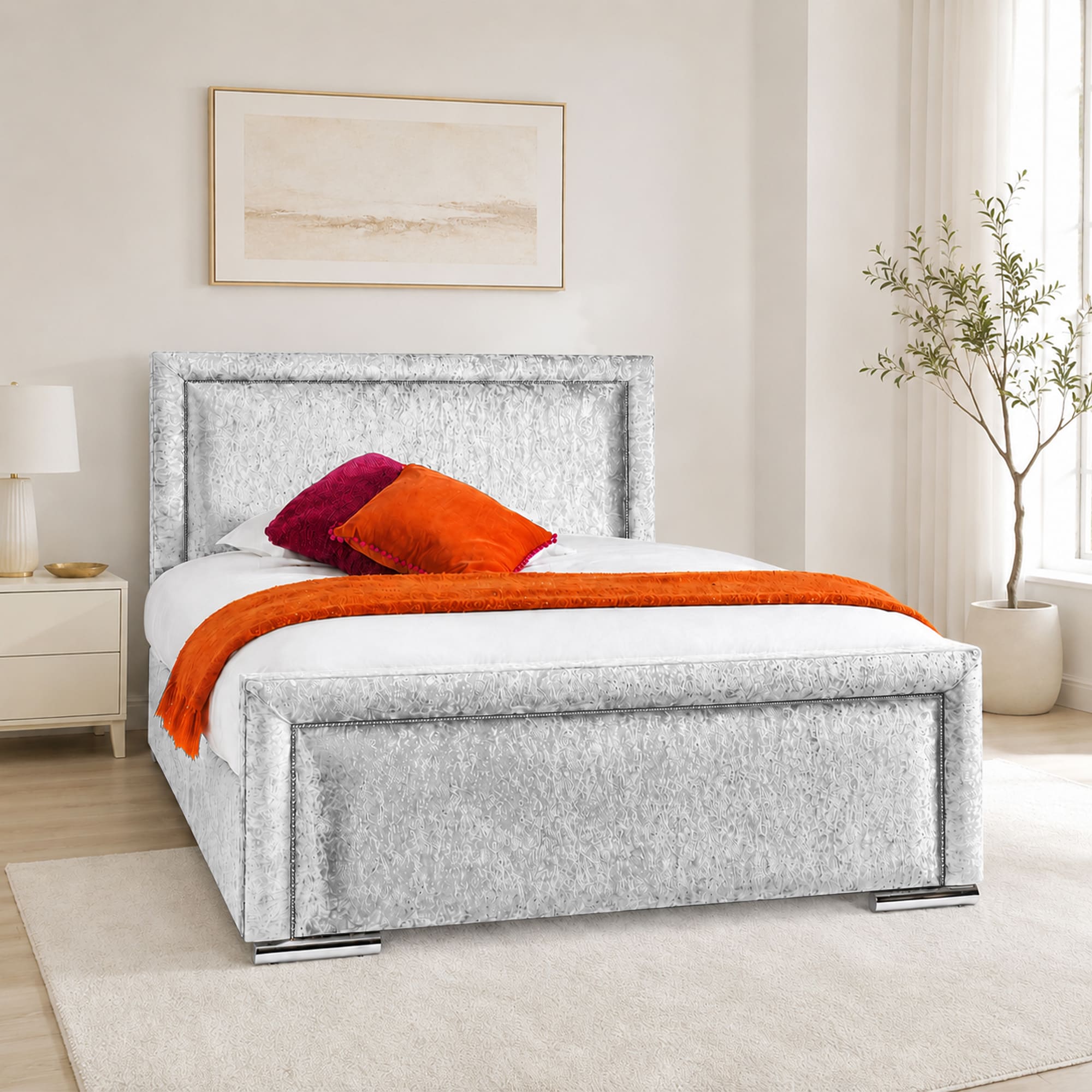 Crushed Velvet Fabric Upholstered Bed Frame