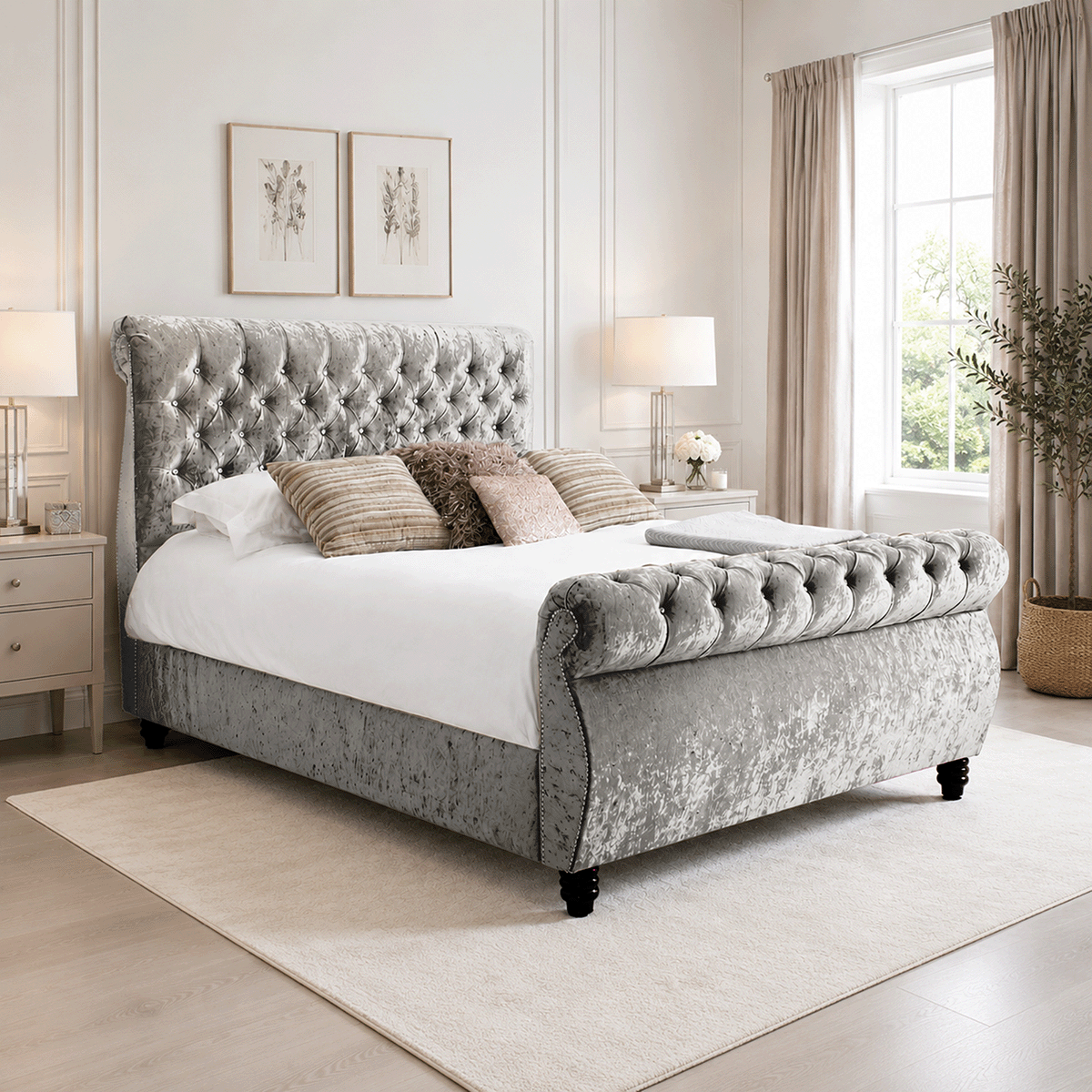 Royal Swan Sleigh Bed Crushed Velvet