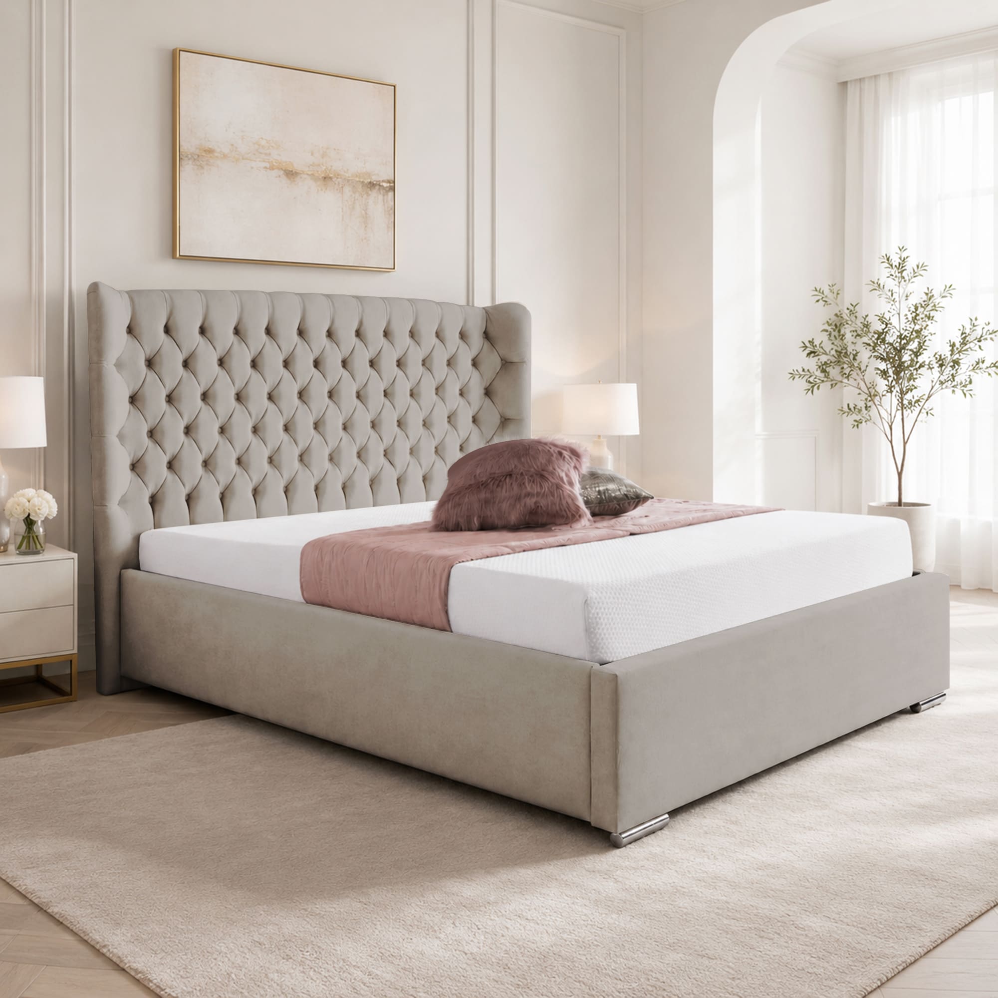 Upholstered Bed Frame Winged Plush Velvet Fabric