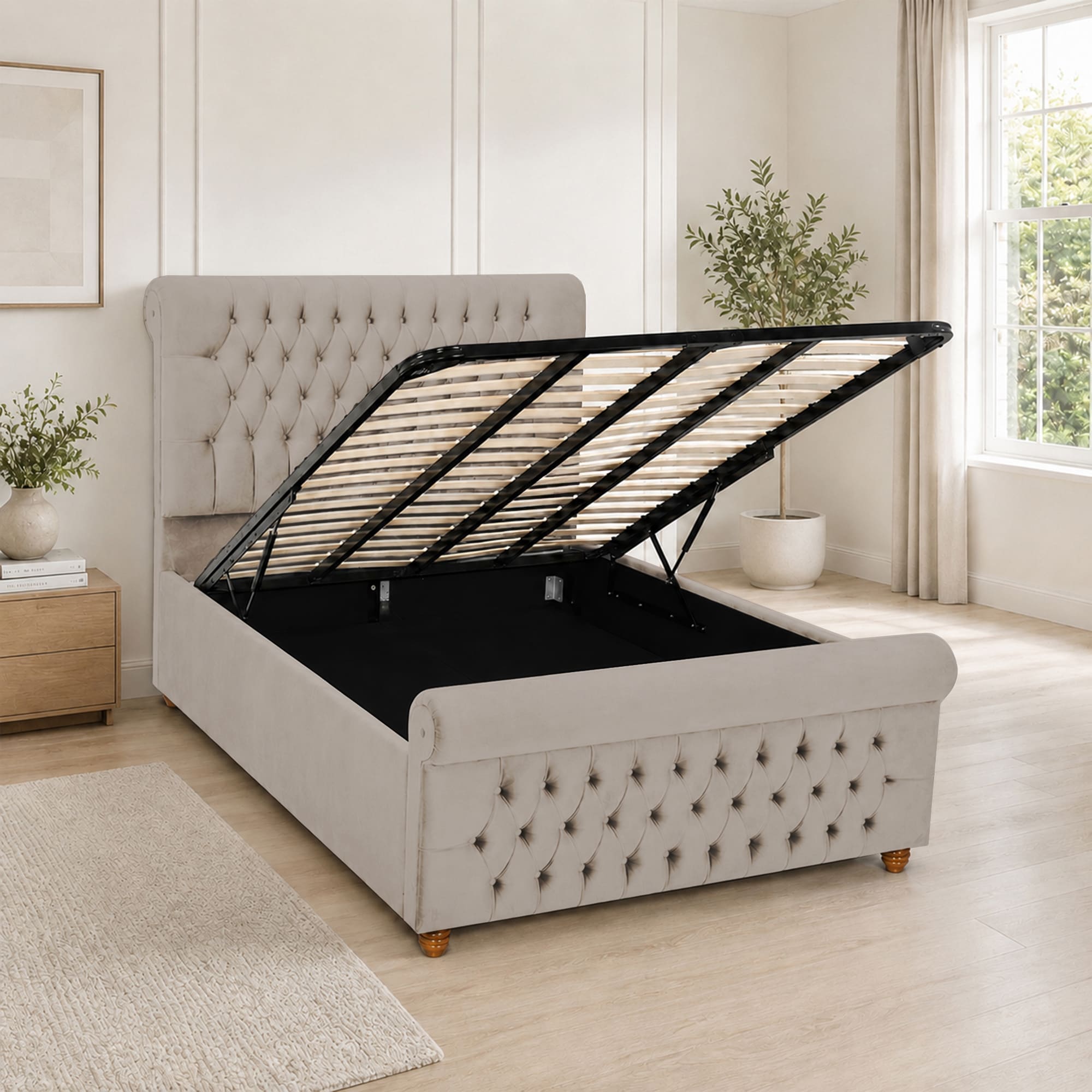 Luxury Plush Velvet Fabric Upholstered Bed With Headboard Ottoman Storage