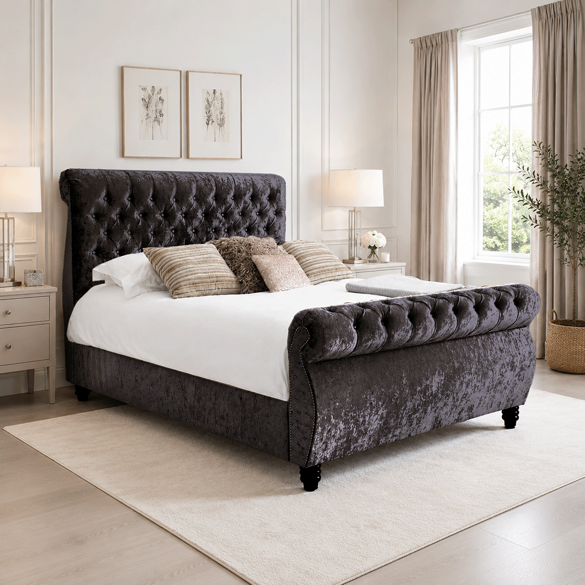 Royal Swan Sleigh Bed Crushed Velvet