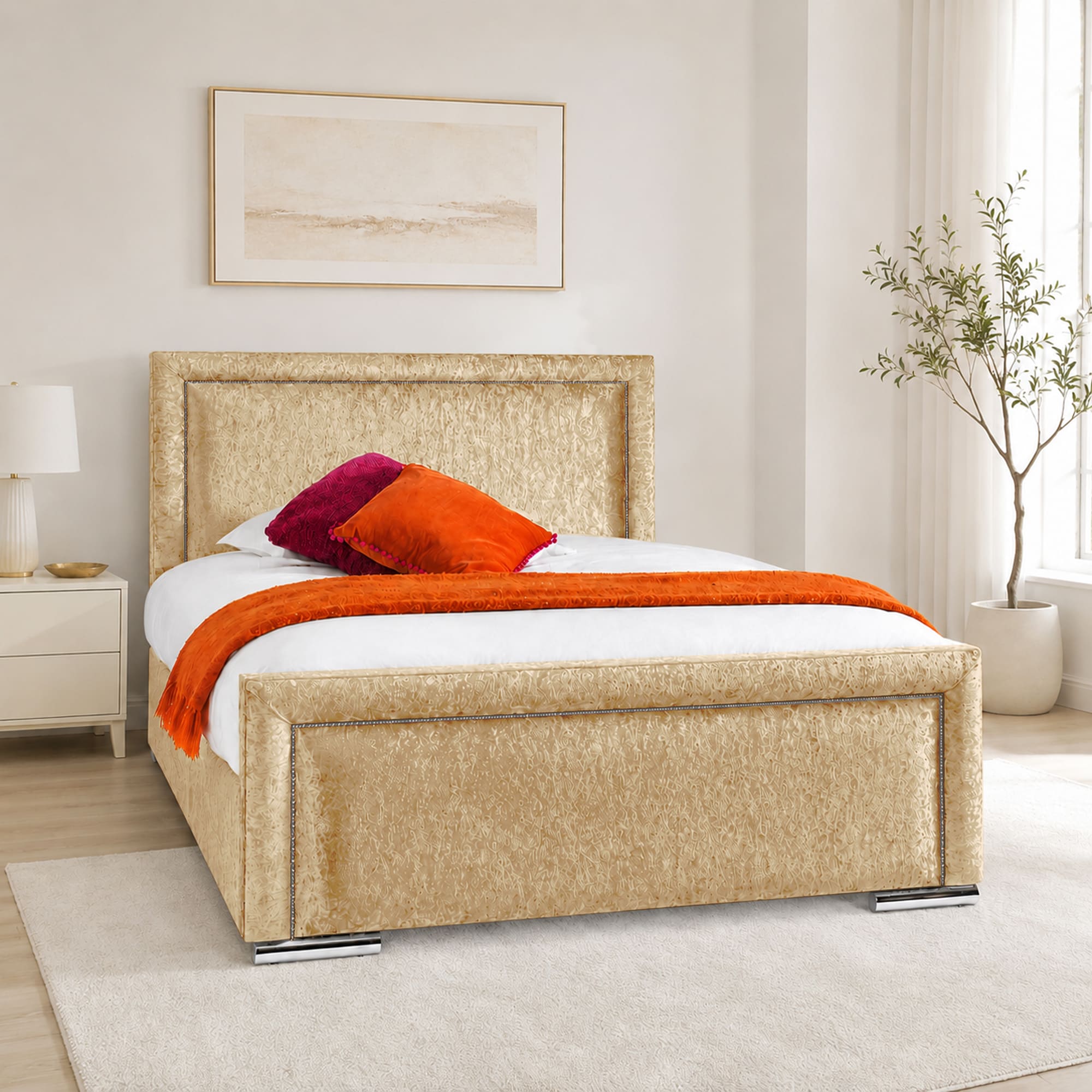 Crushed Velvet Fabric Upholstered Bed Frame