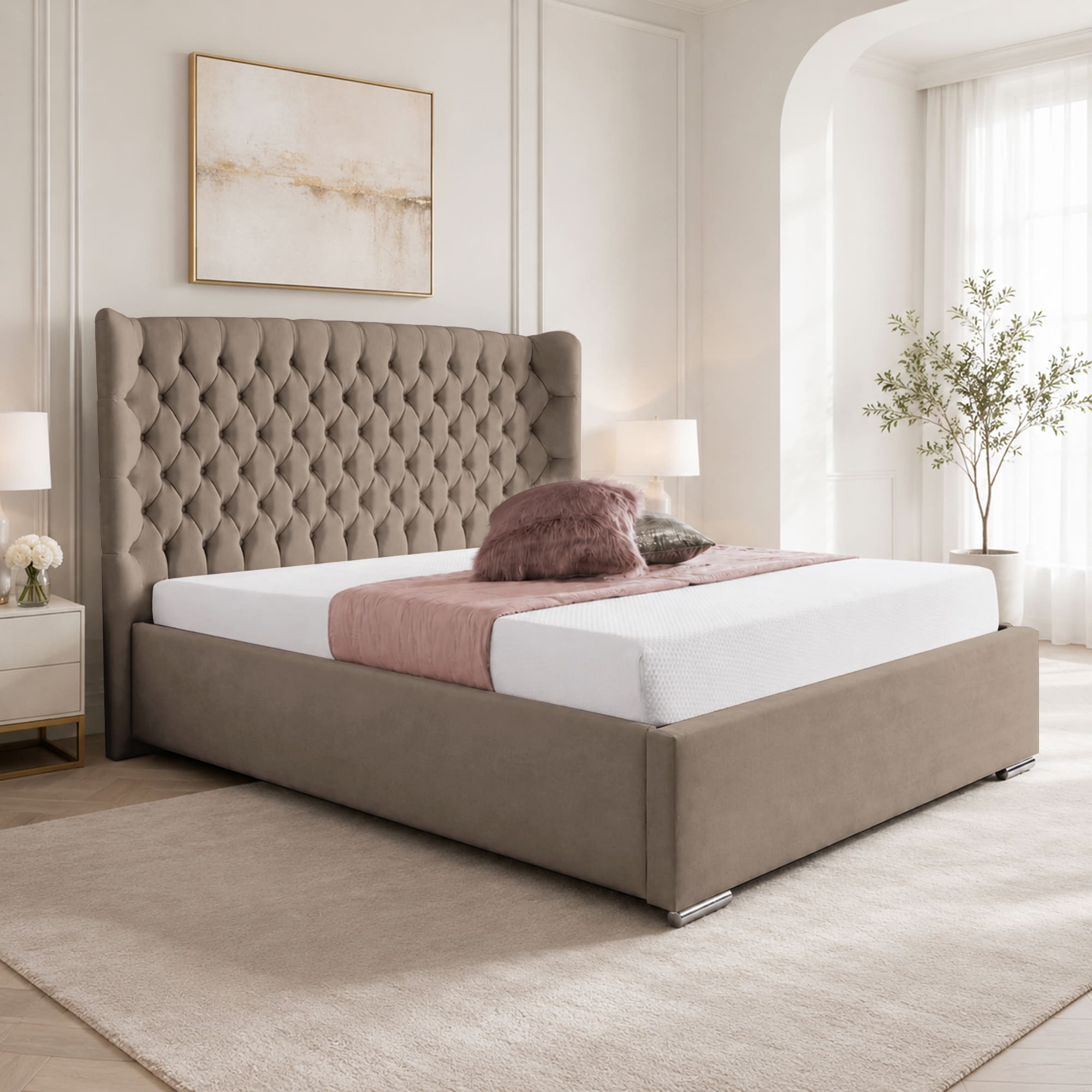 Upholstered Bed Frame Winged Plush Velvet Fabric