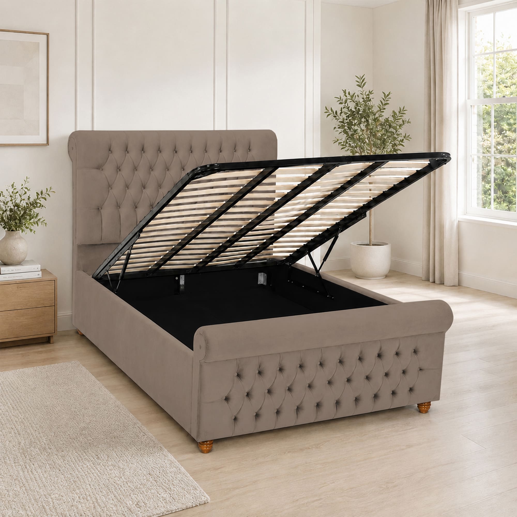 Luxury Plush Velvet Fabric Upholstered Bed With Headboard Ottoman Storage