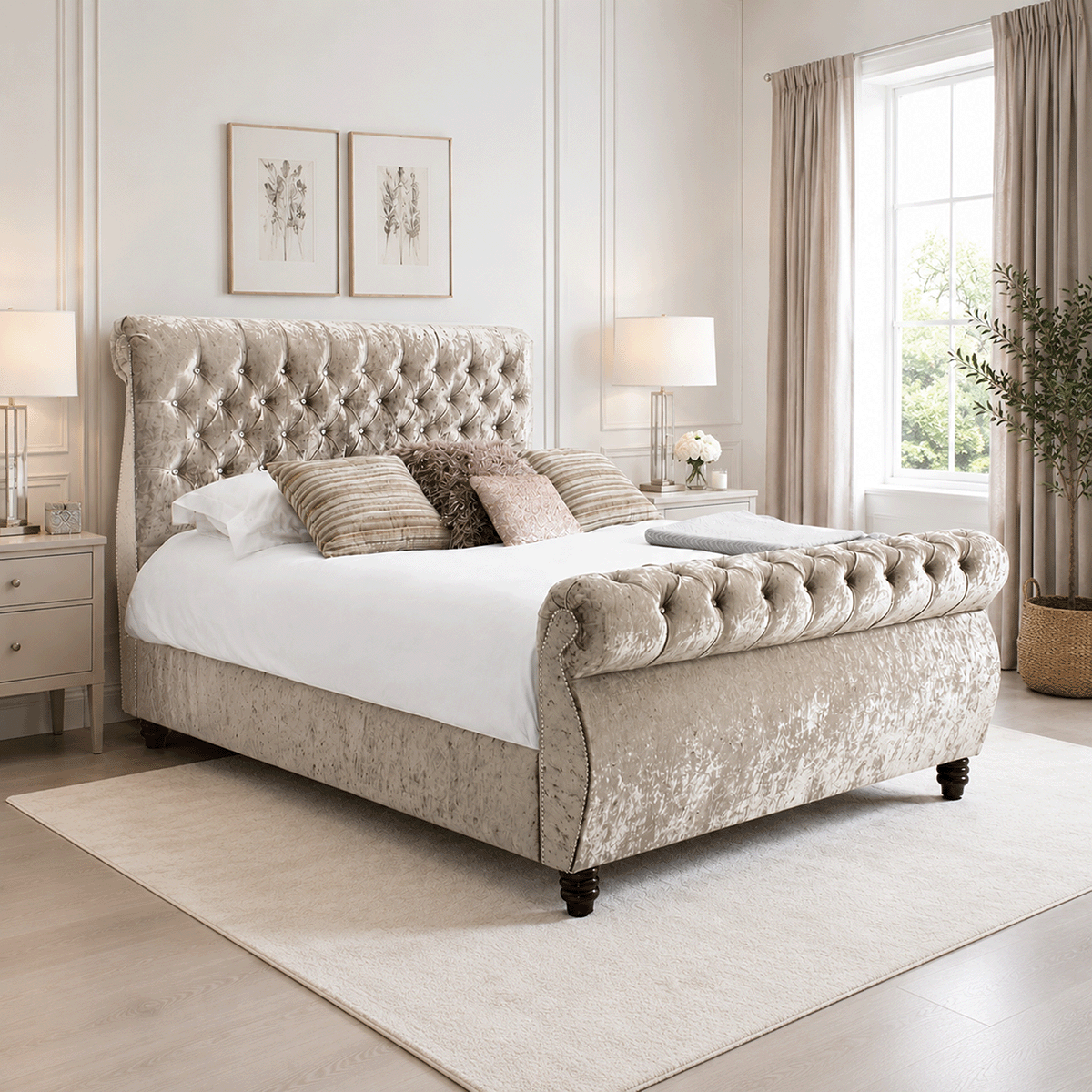 Royal Swan Sleigh Bed Crushed Velvet