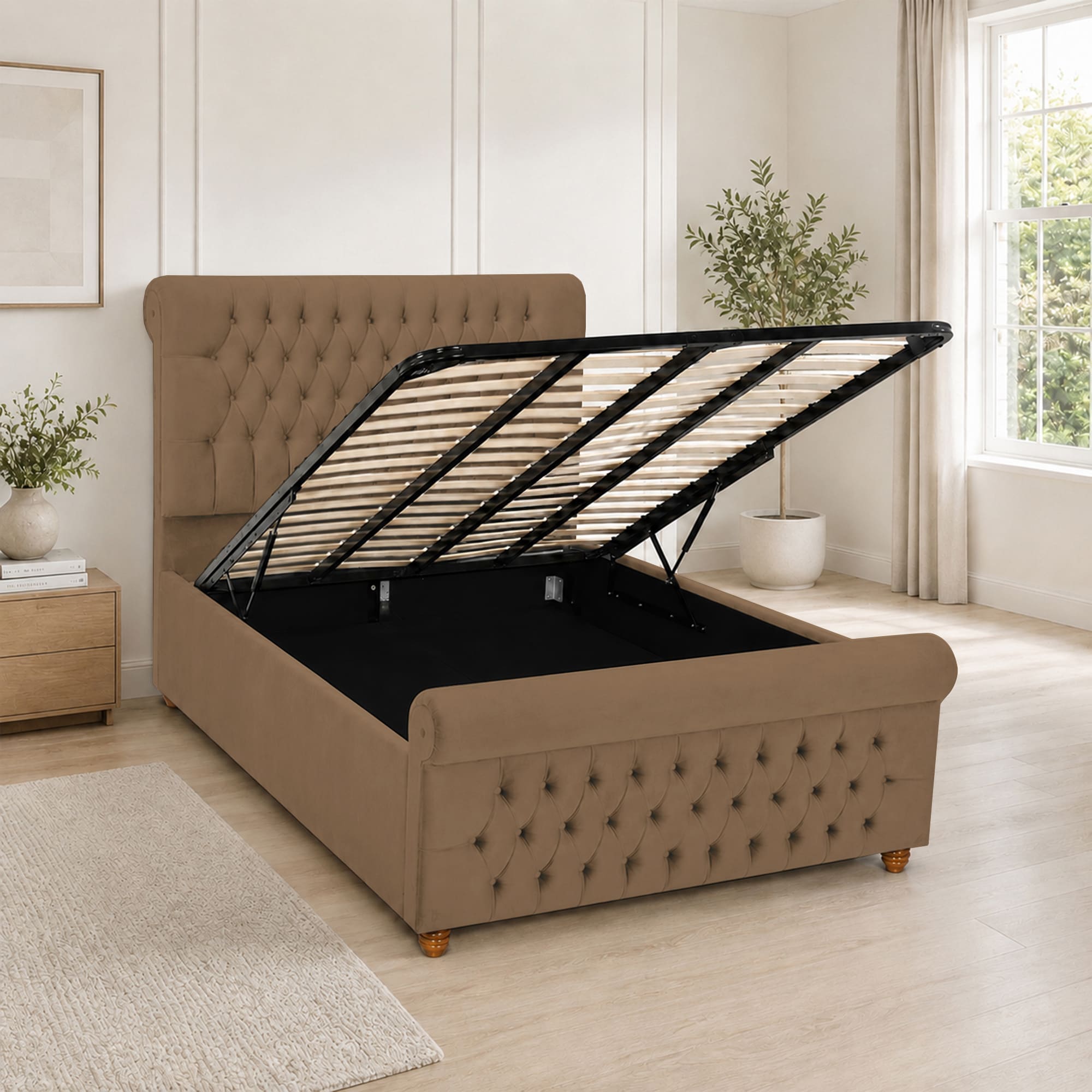 Luxury Plush Velvet Fabric Upholstered Bed With Headboard Ottoman Storage
