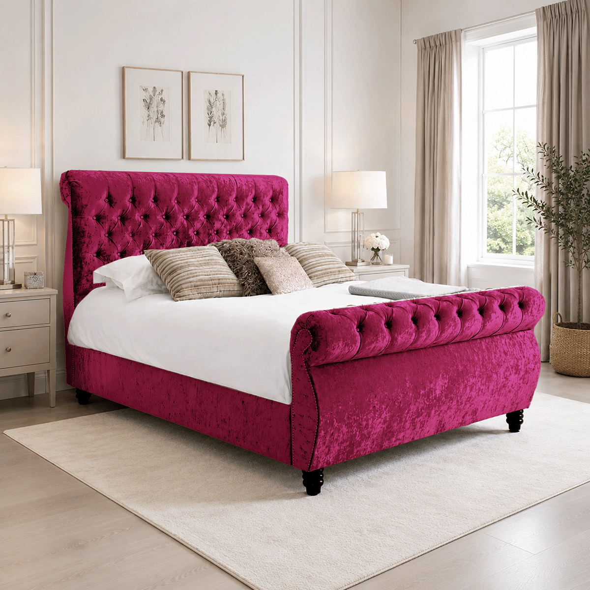 Royal Swan Sleigh Bed Crushed Velvet