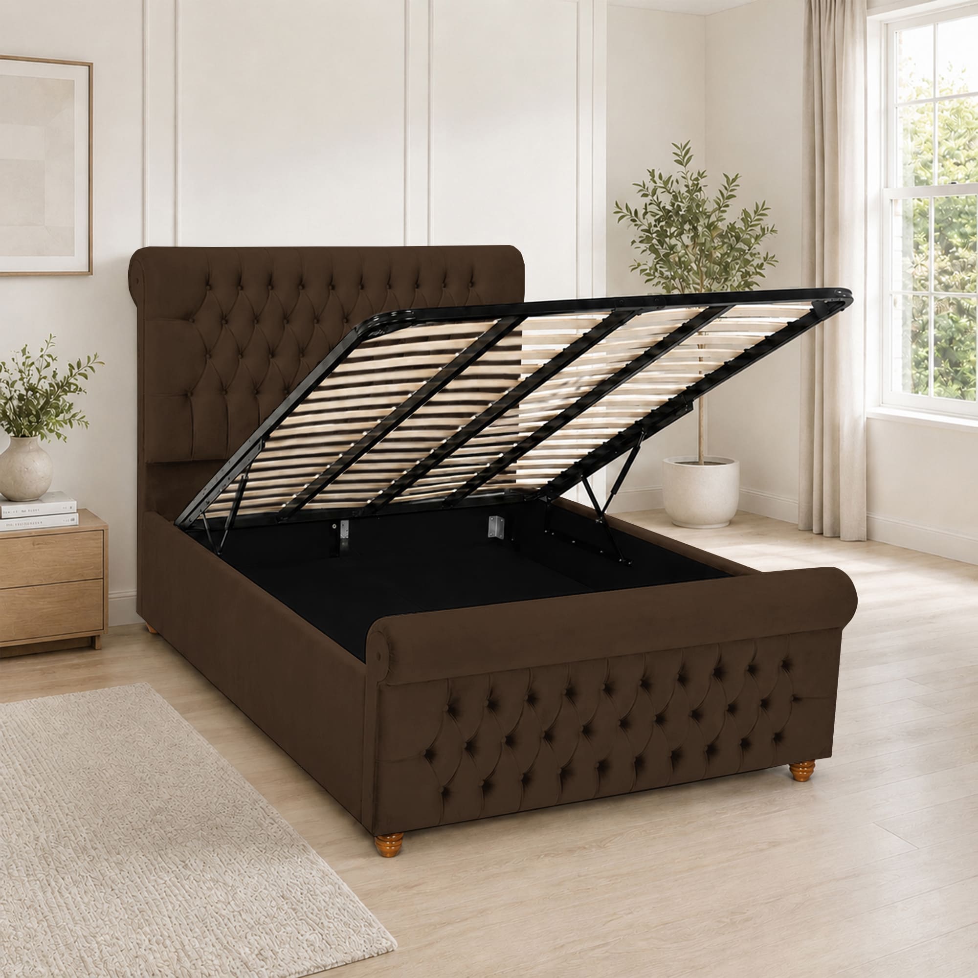Luxury Plush Velvet Fabric Upholstered Bed With Headboard Ottoman Storage