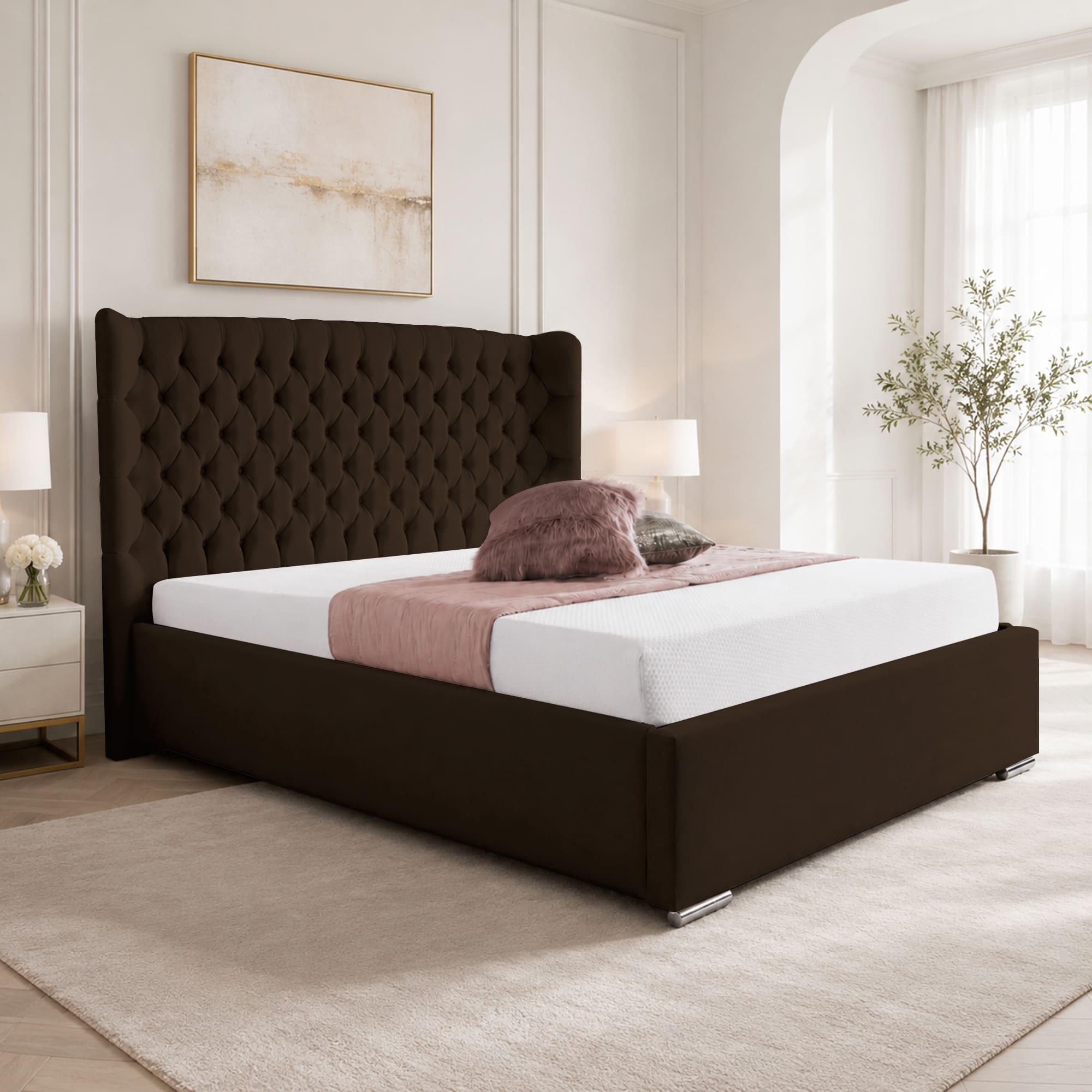Upholstered Bed Frame Winged Plush Velvet Fabric