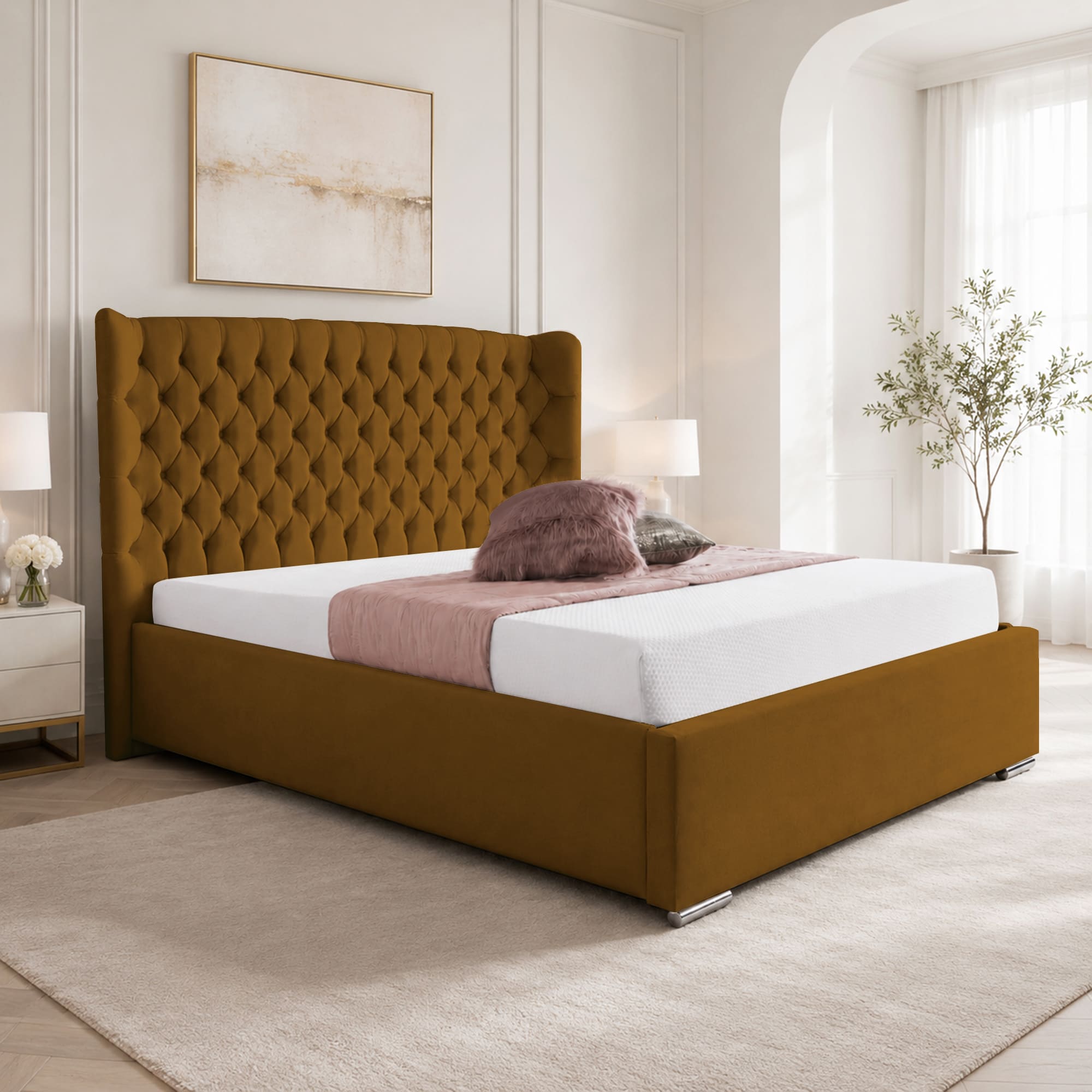 Upholstered Bed Frame Winged Plush Velvet Fabric