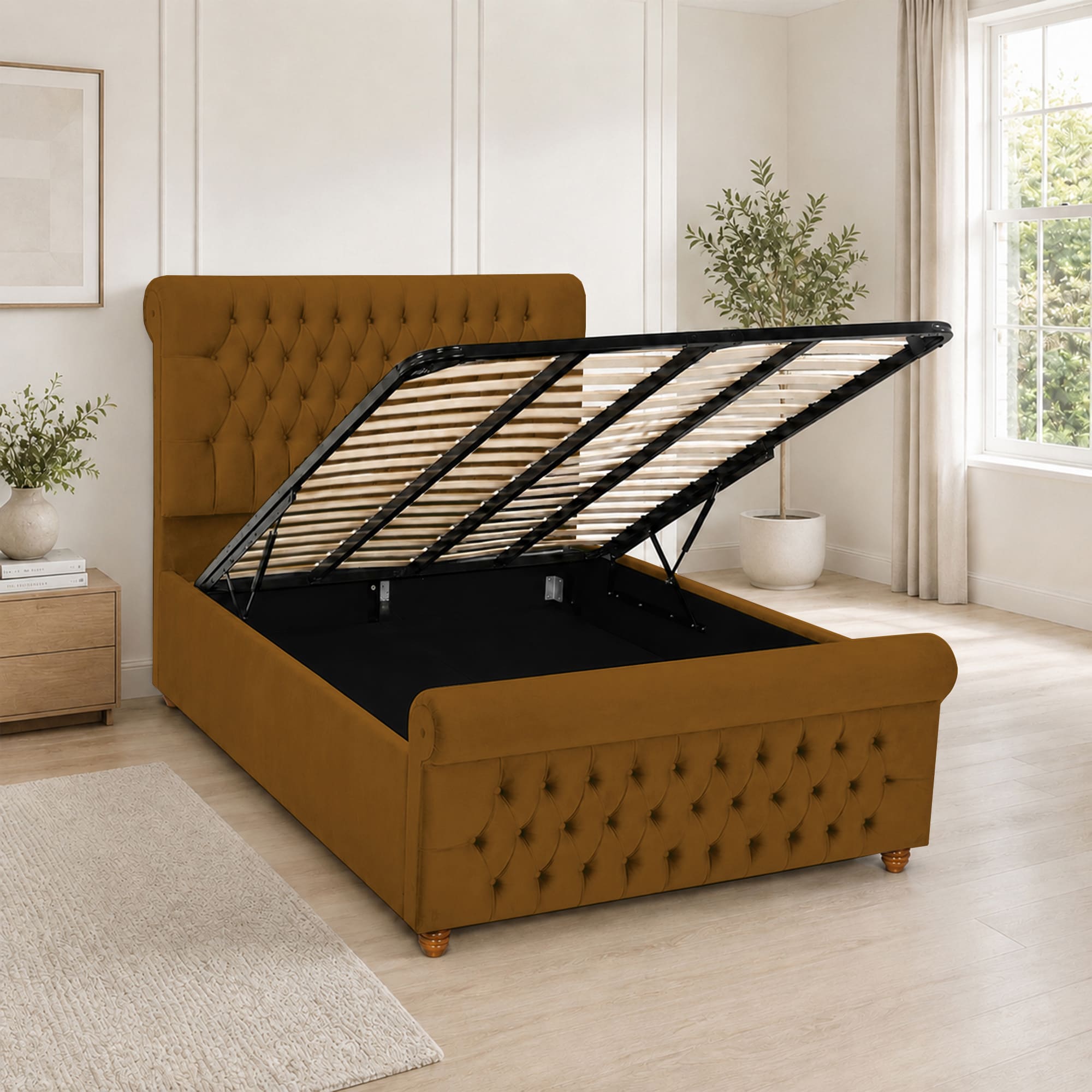 Luxury Plush Velvet Fabric Upholstered Bed With Headboard Ottoman Storage