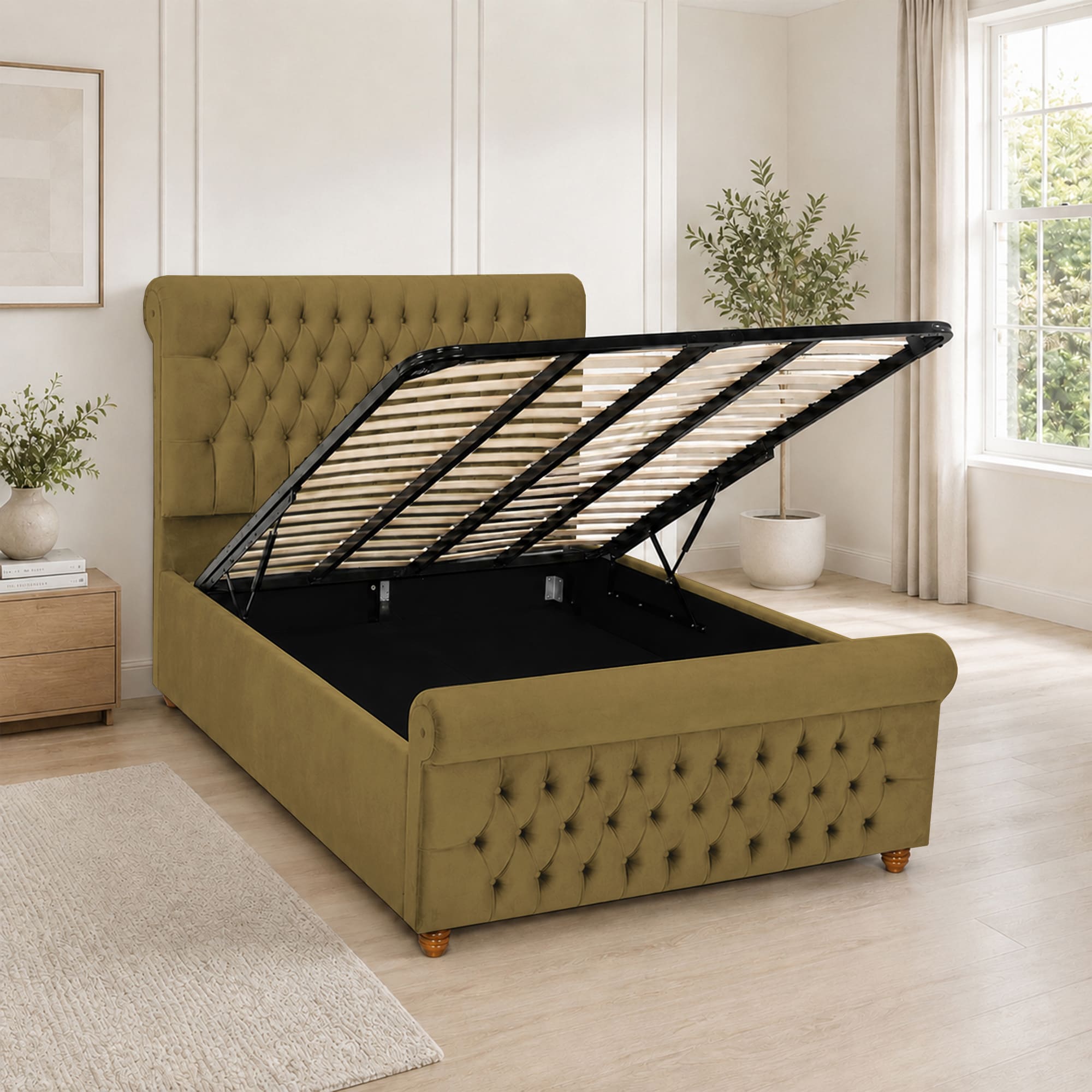 Luxury Plush Velvet Fabric Upholstered Bed With Headboard Ottoman Storage