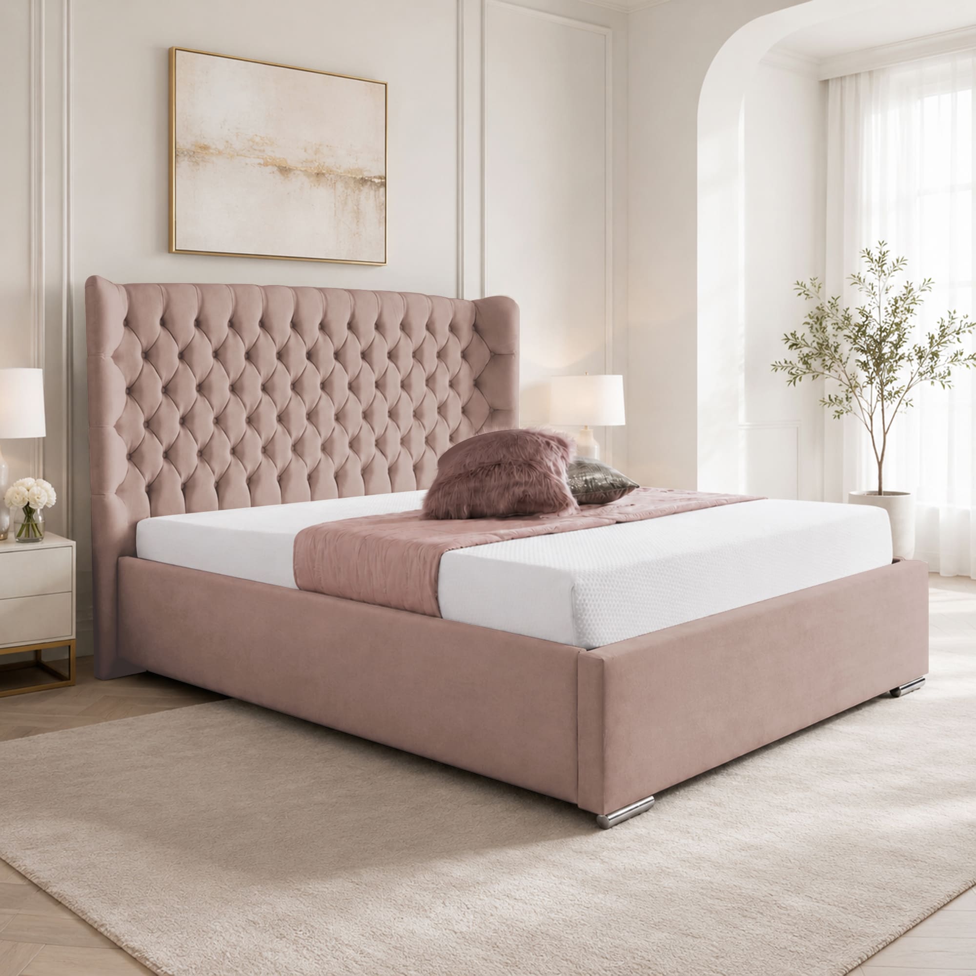Upholstered Bed Frame Winged Plush Velvet Fabric