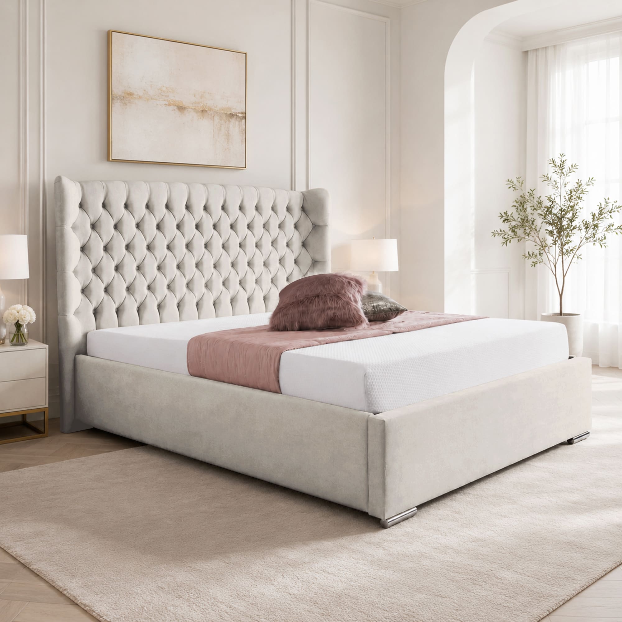 Upholstered Bed Frame Winged Plush Velvet Fabric