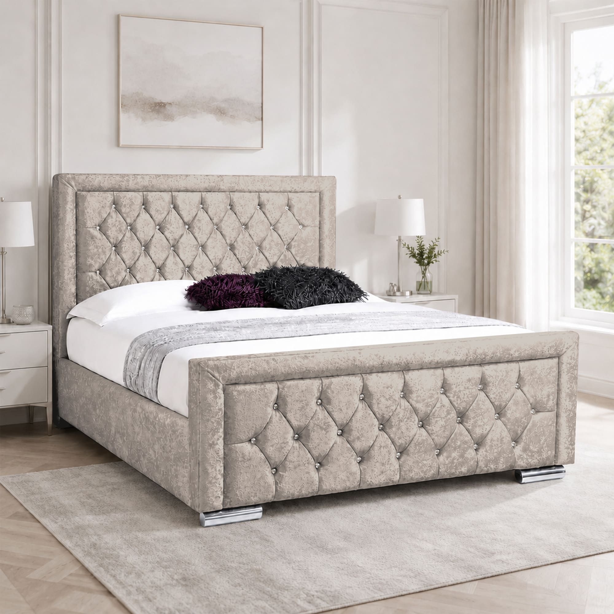 Miami Crushed Velvet Fabric Diamond Bed Frame