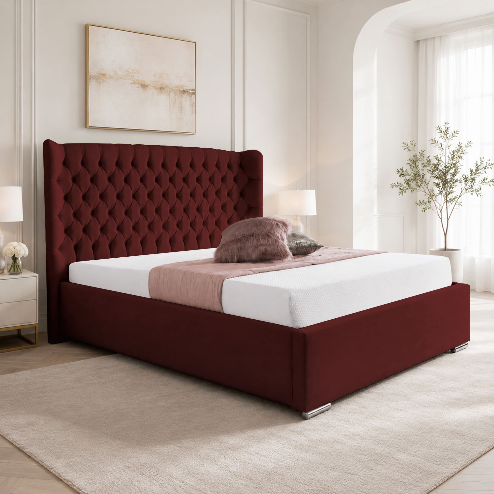 Upholstered Bed Frame Winged Plush Velvet Fabric