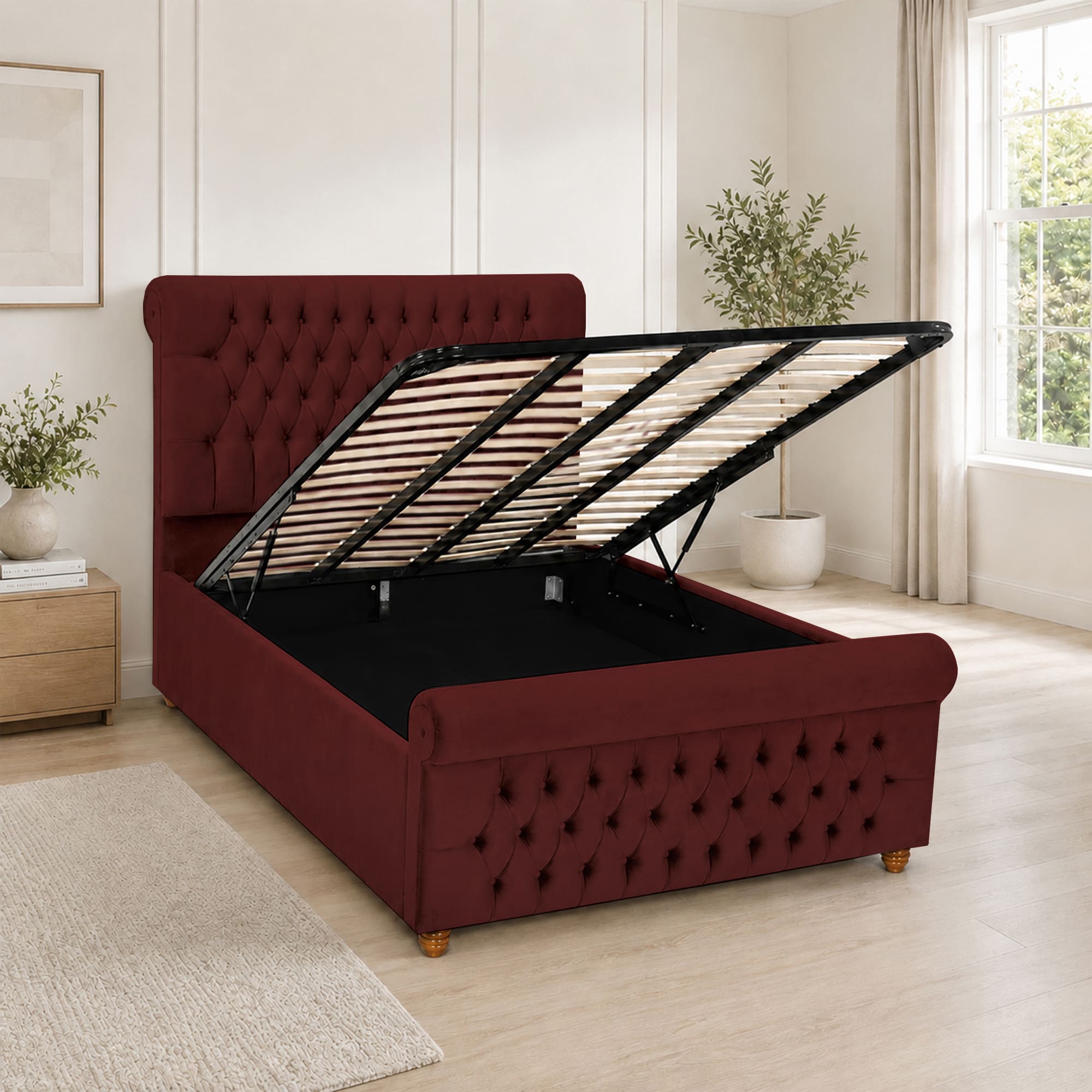 Luxury Plush Velvet Fabric Upholstered Bed With Headboard Ottoman Storage
