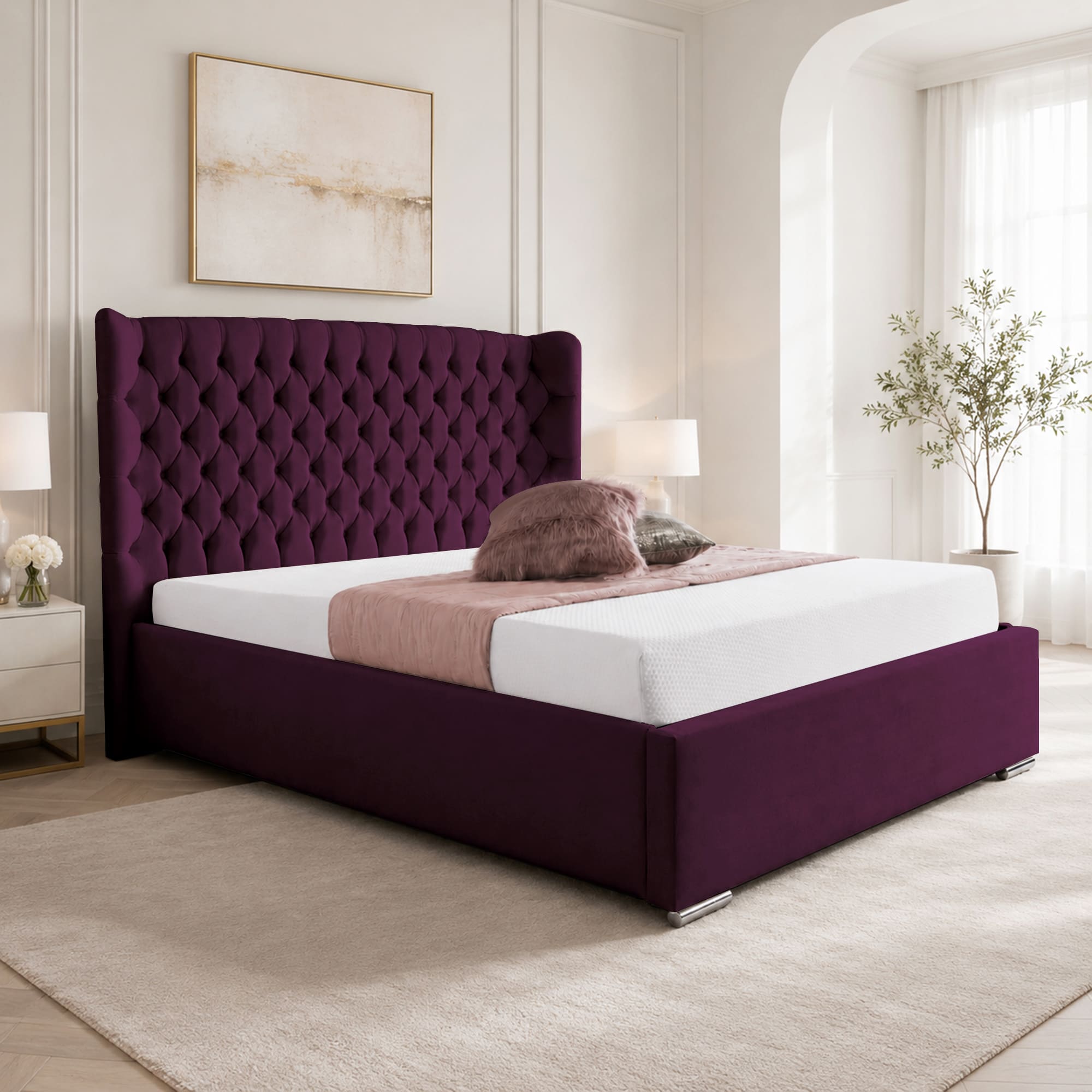 Upholstered Bed Frame Winged Plush Velvet Fabric