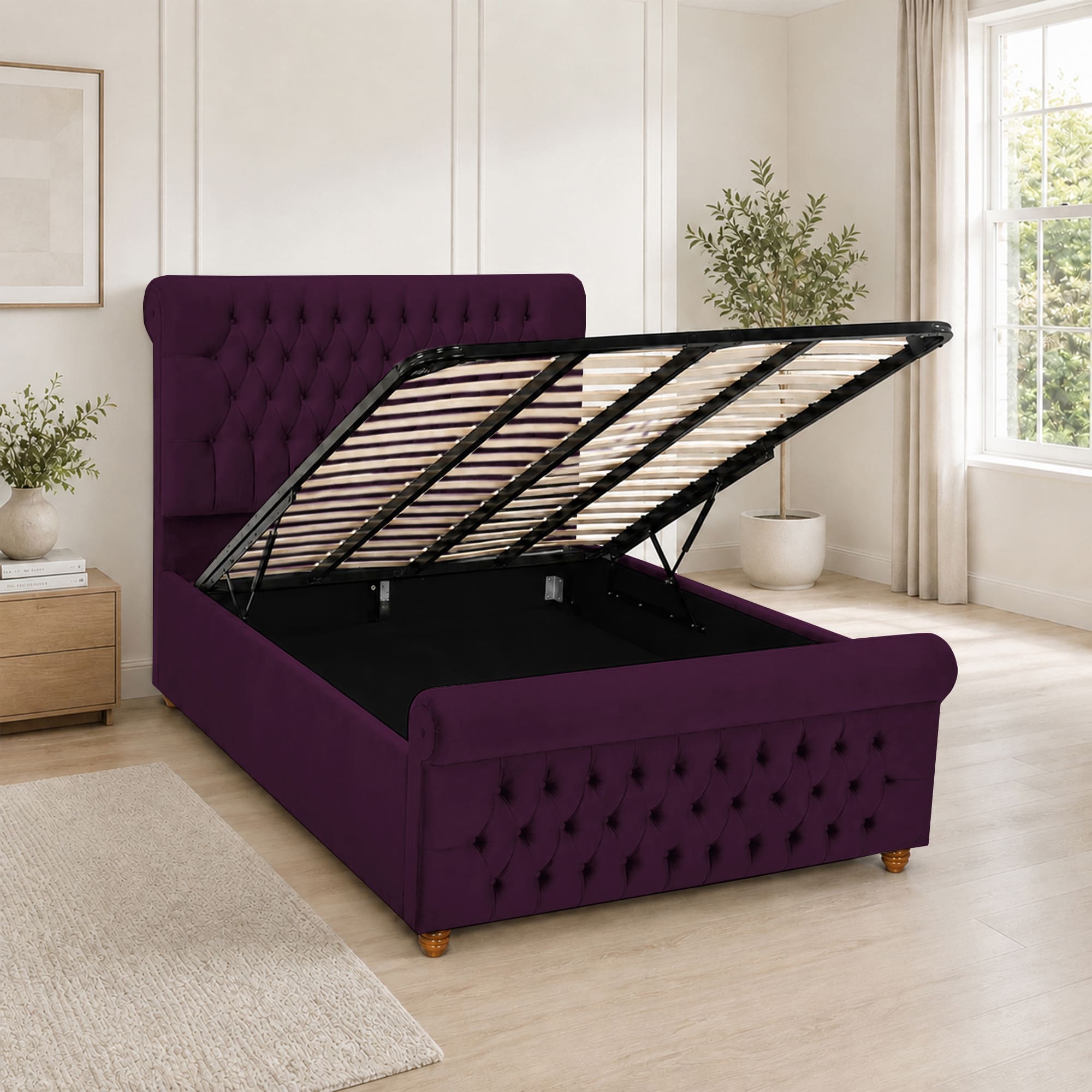 Luxury Plush Velvet Fabric Upholstered Bed With Headboard Ottoman Storage