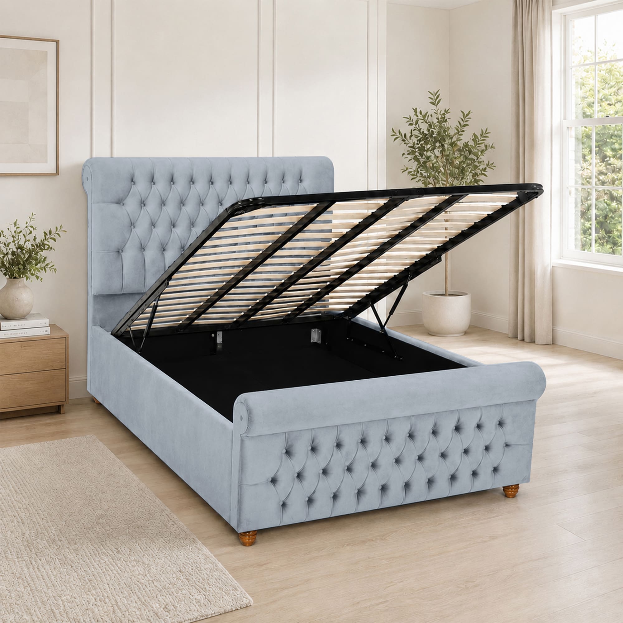 Luxury Plush Velvet Fabric Upholstered Bed With Headboard Ottoman Storage
