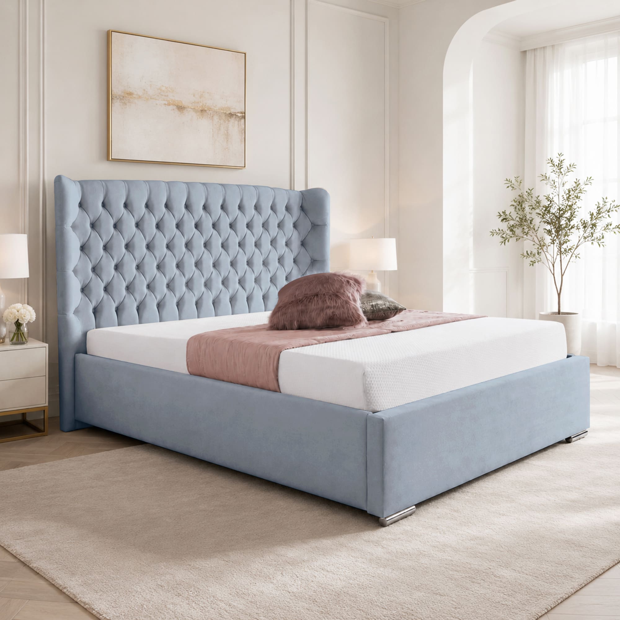 Upholstered Bed Frame Winged Plush Velvet Fabric