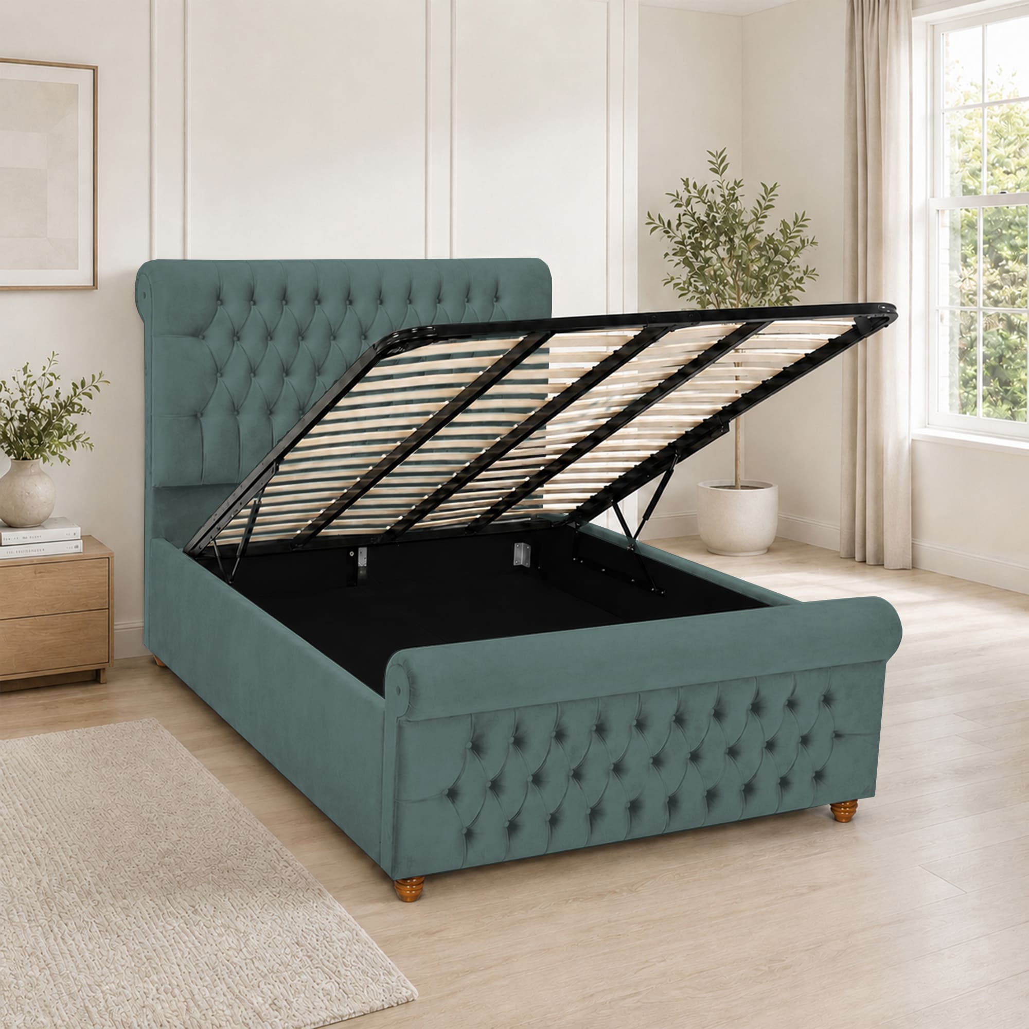 Luxury Plush Velvet Fabric Upholstered Bed With Headboard Ottoman Storage