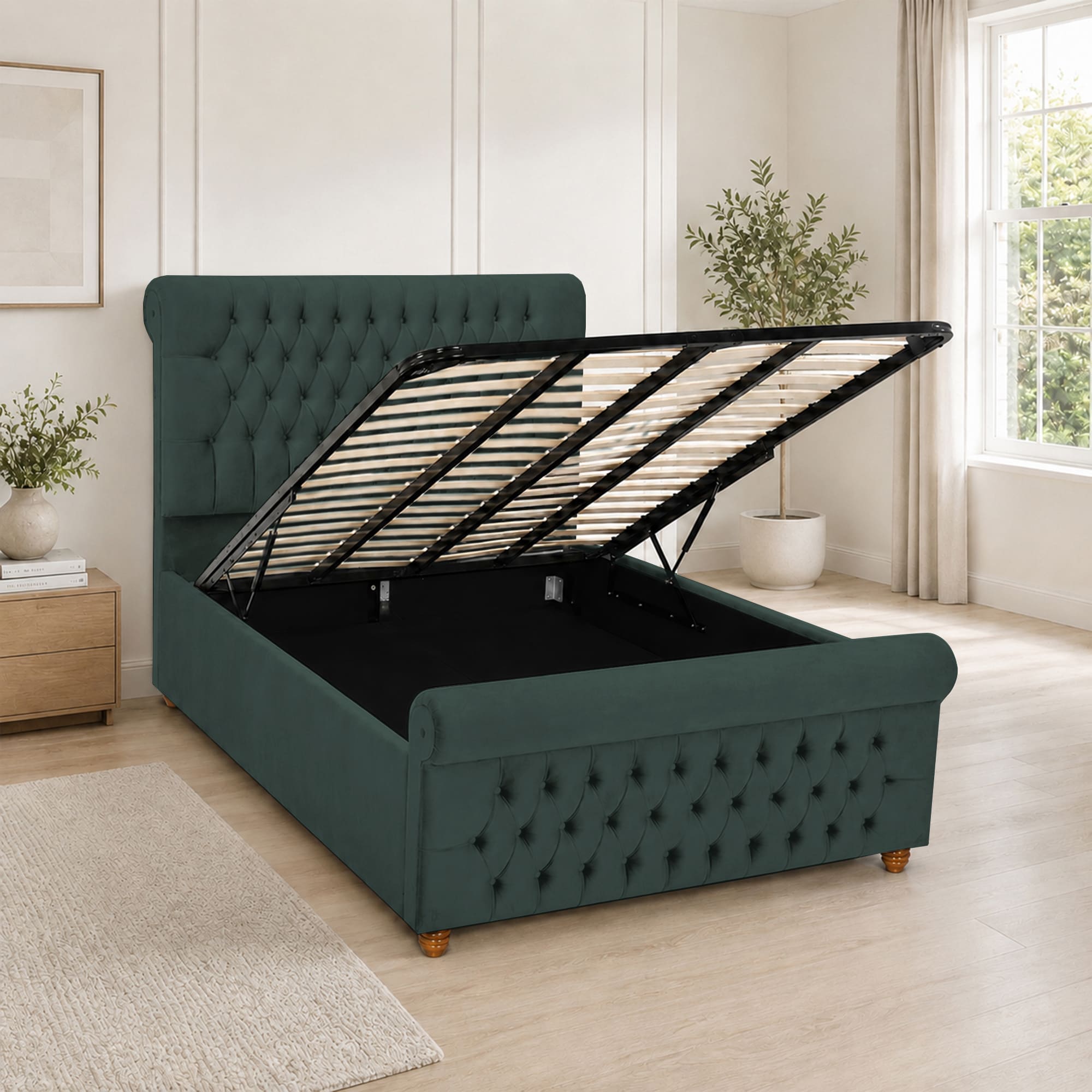 Luxury Plush Velvet Fabric Upholstered Bed With Headboard Ottoman Storage
