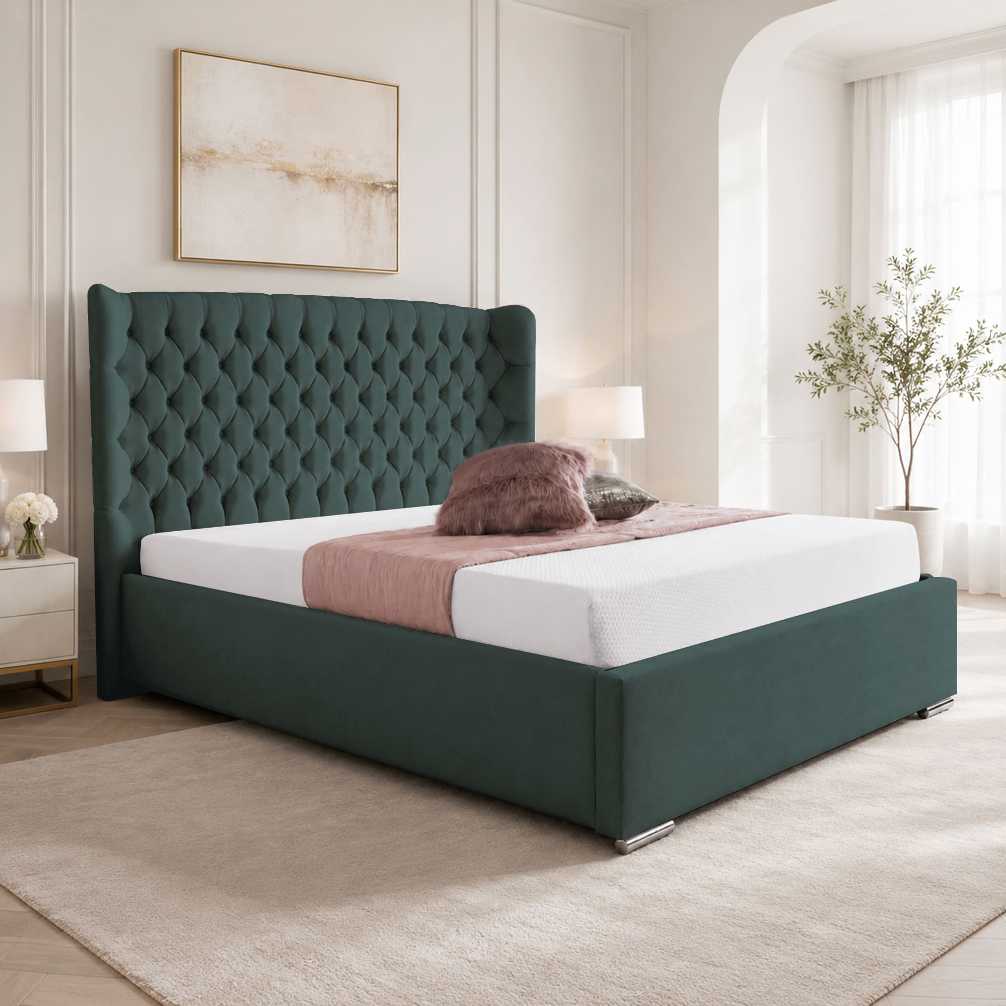 Upholstered Bed Frame Winged Plush Velvet Fabric