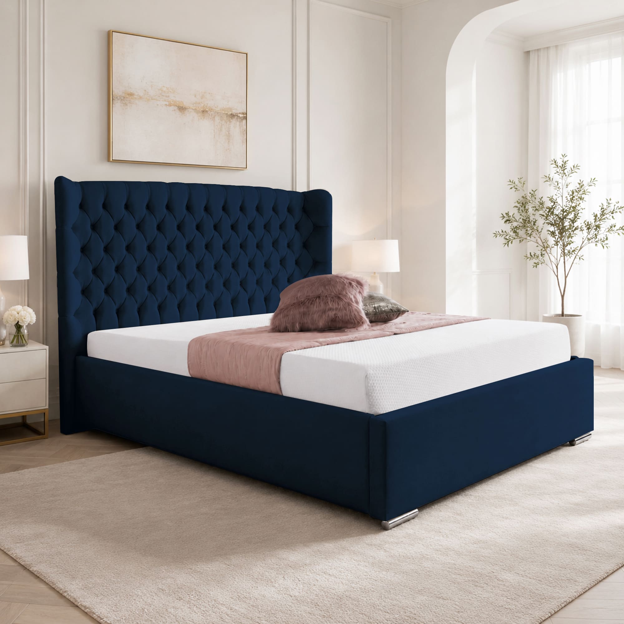 Upholstered Bed Frame Winged Plush Velvet Fabric