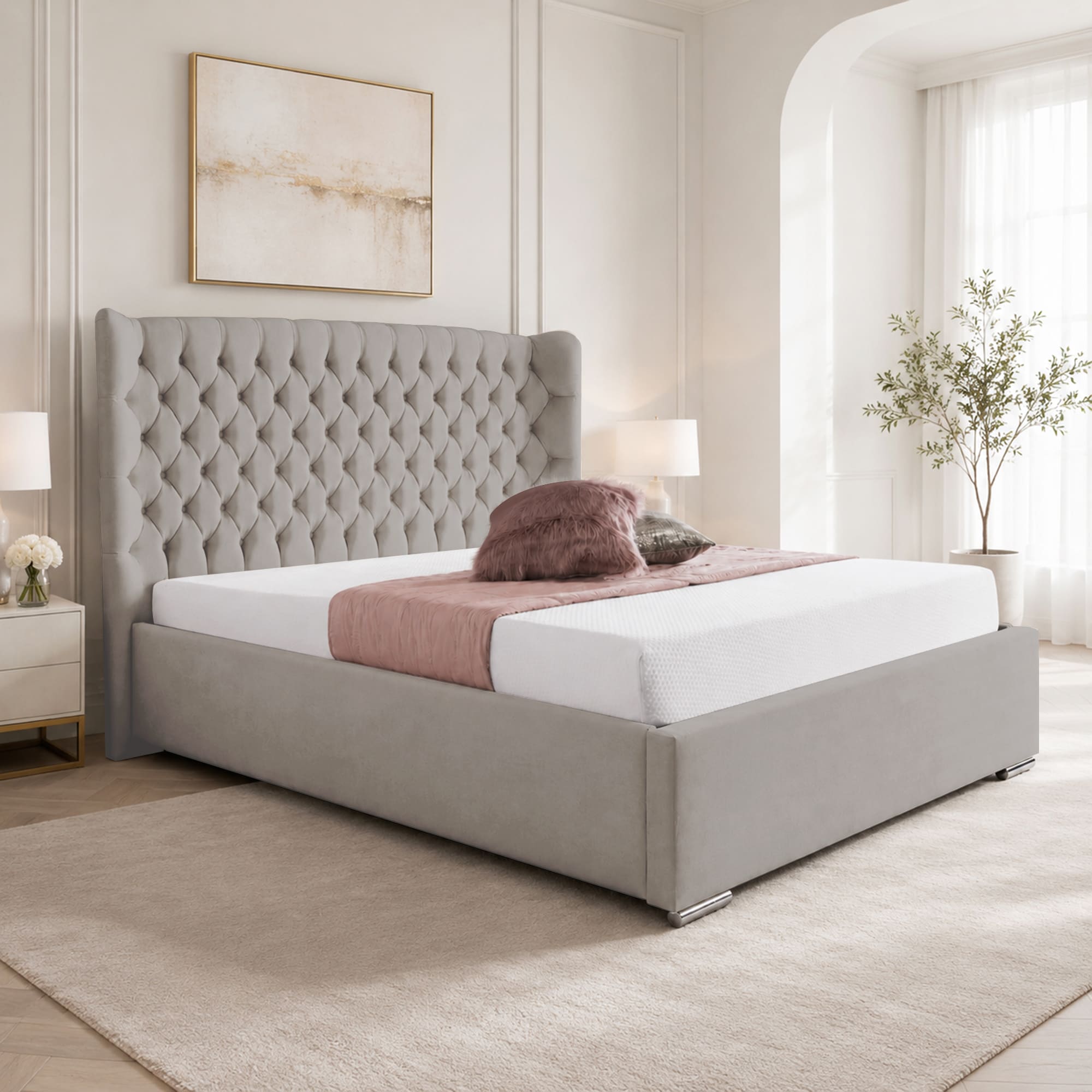 Upholstered Bed Frame Winged Plush Velvet Fabric