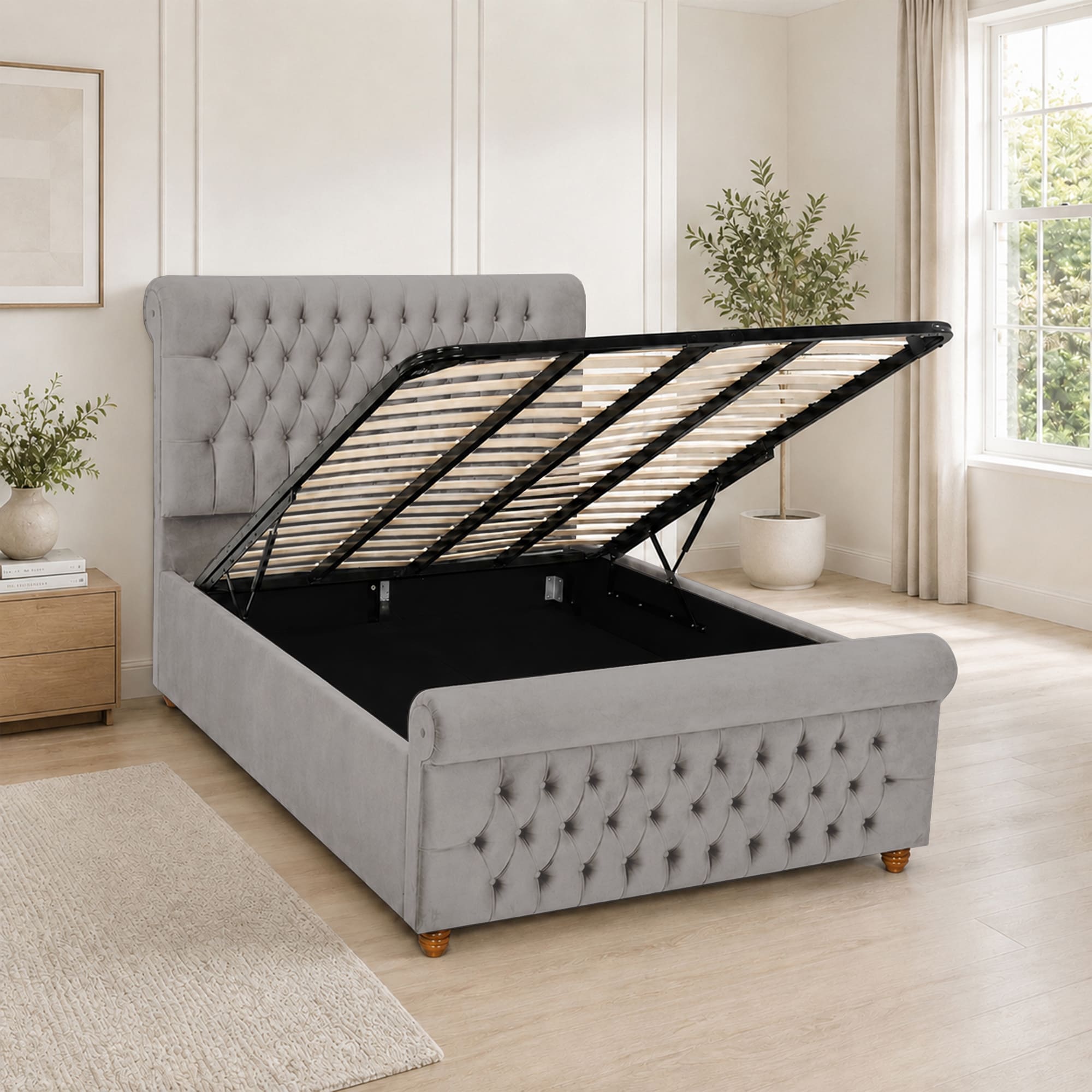 Luxury Plush Velvet Fabric Upholstered Bed With Headboard Ottoman Storage