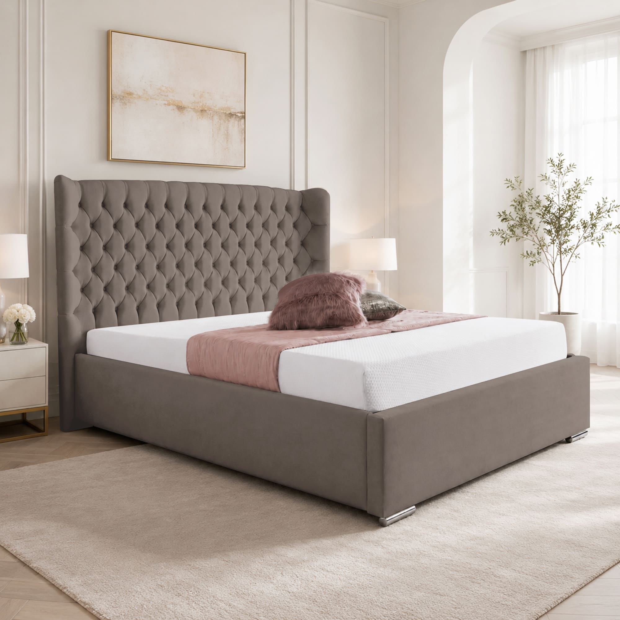 Upholstered Bed Frame Winged Plush Velvet Fabric