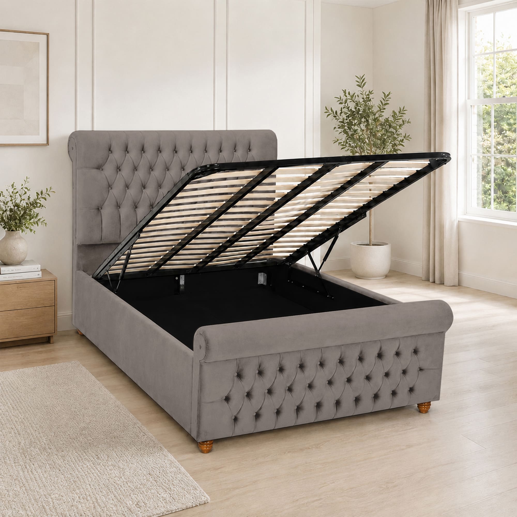 Luxury Plush Velvet Fabric Upholstered Bed With Headboard Ottoman Storage