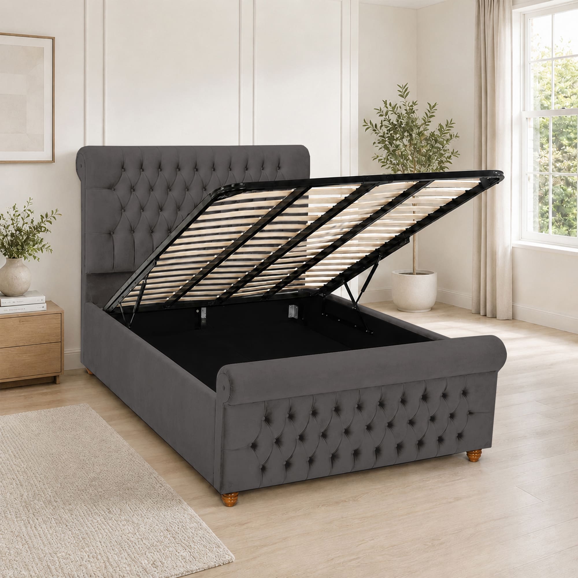 Luxury Plush Velvet Fabric Upholstered Bed With Headboard Ottoman Storage