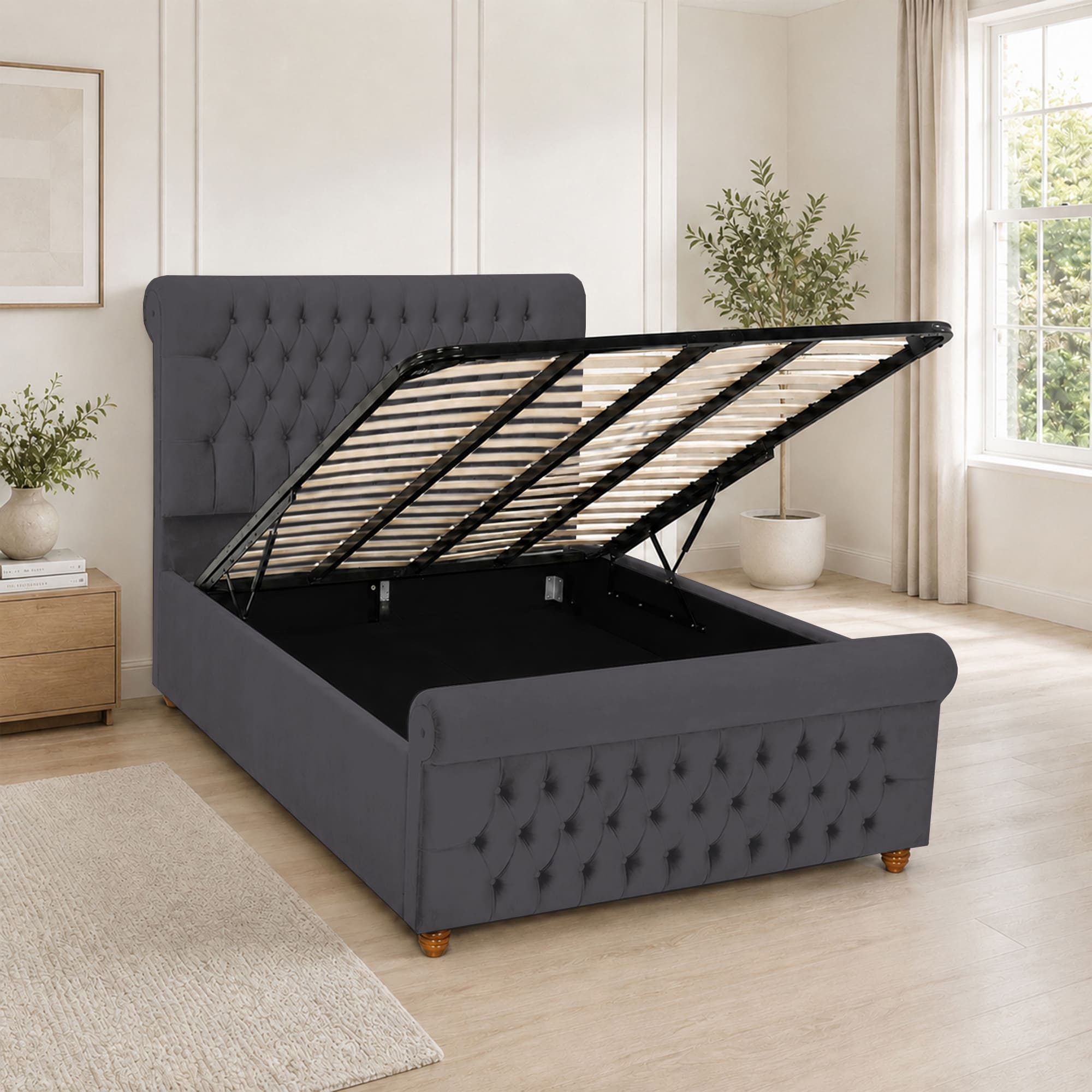 Luxury Plush Velvet Fabric Upholstered Bed With Headboard Ottoman Storage