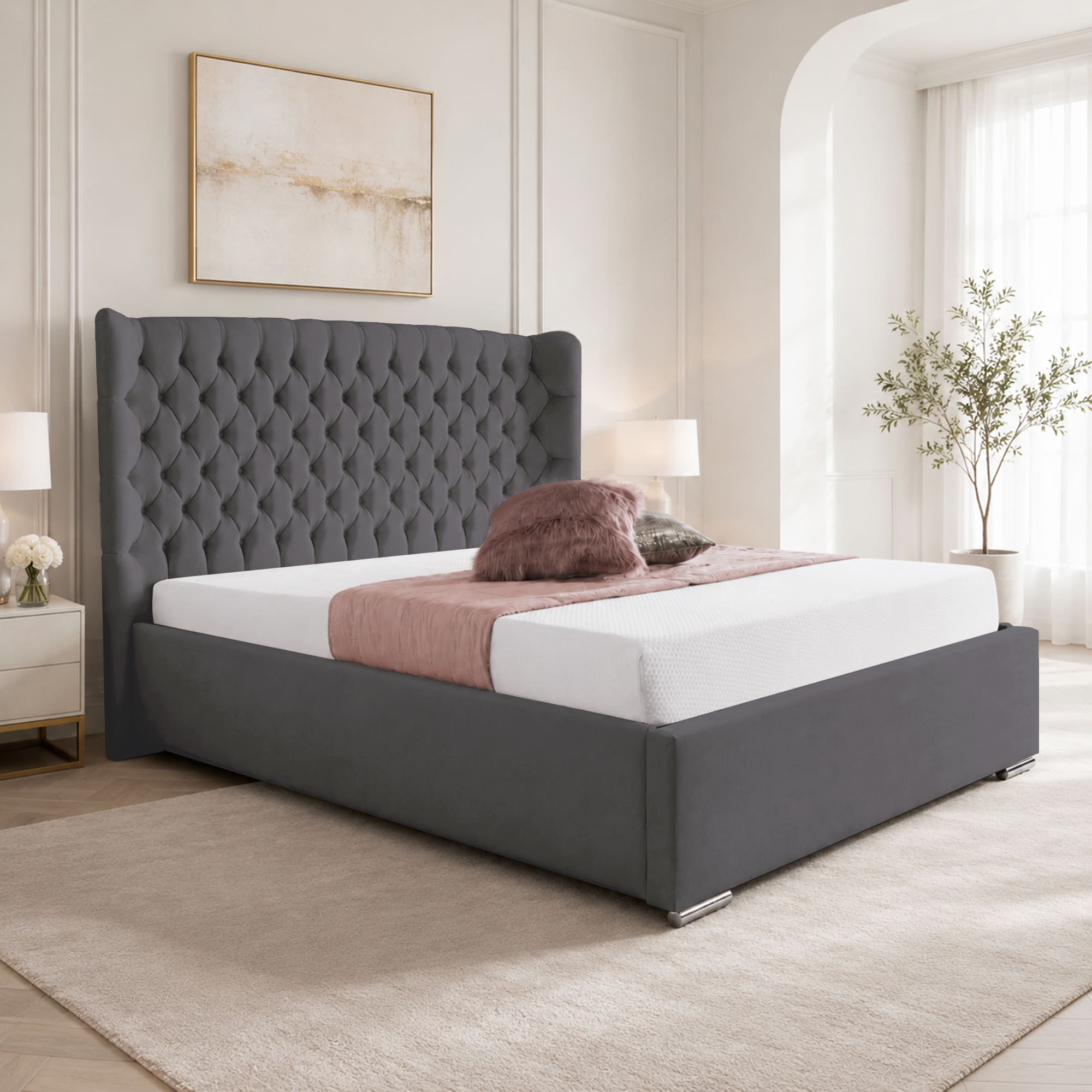 Upholstered Bed Frame Winged Plush Velvet Fabric