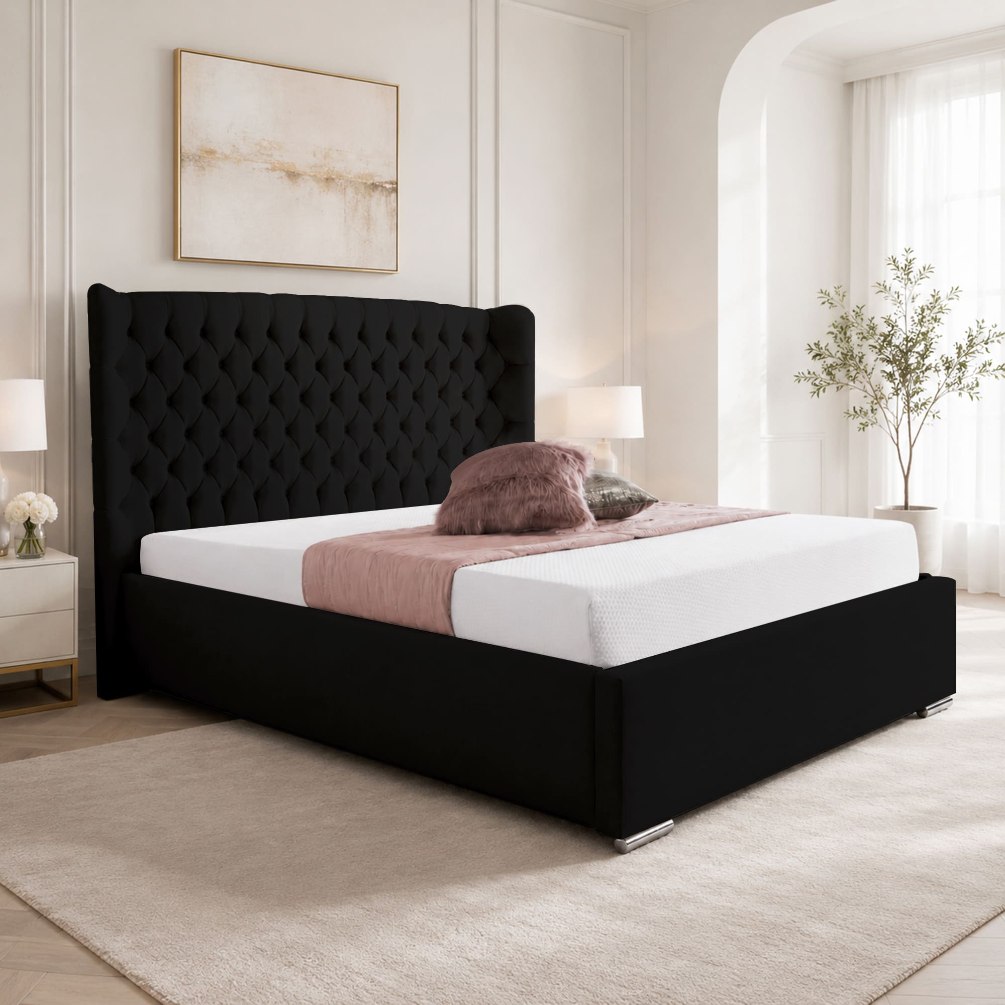 Upholstered Bed Frame Winged Plush Velvet Fabric