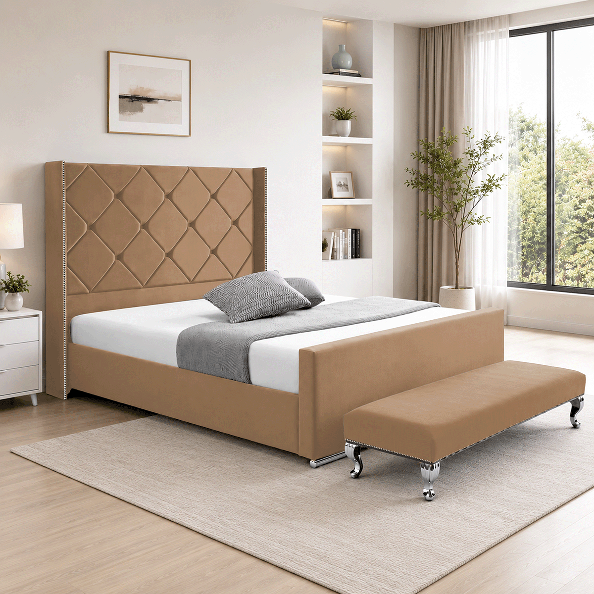 Hilton Plush Velvet Naples Fabric Upholstered Bed Frame