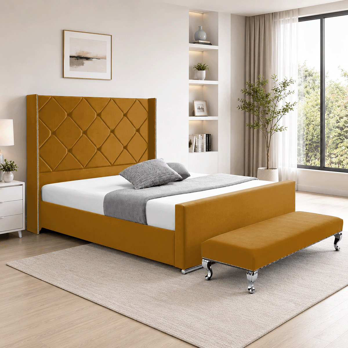 Hilton Plush Velvet Naples Fabric Upholstered Bed Frame