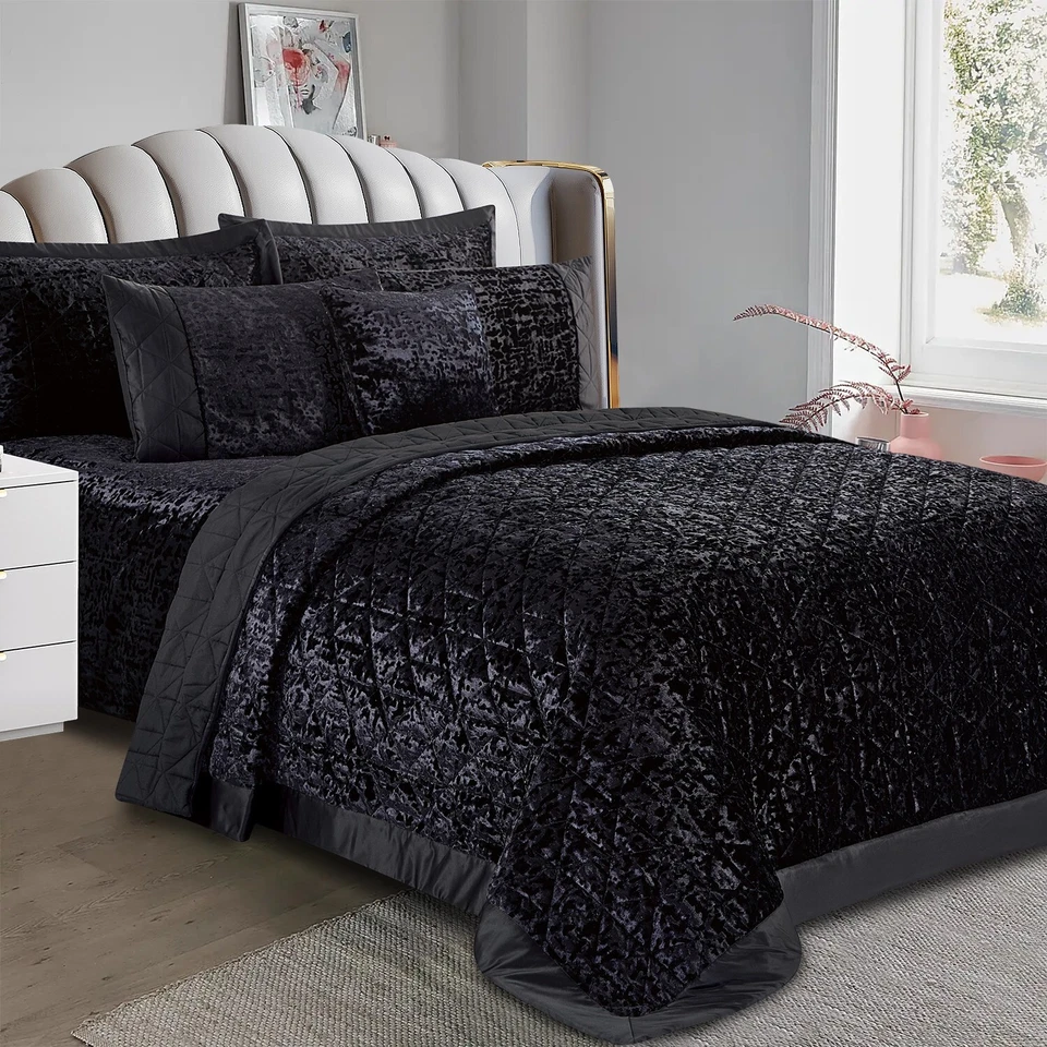 Plush Crushed Velvet 3 Piece Quilted Bedspread Set