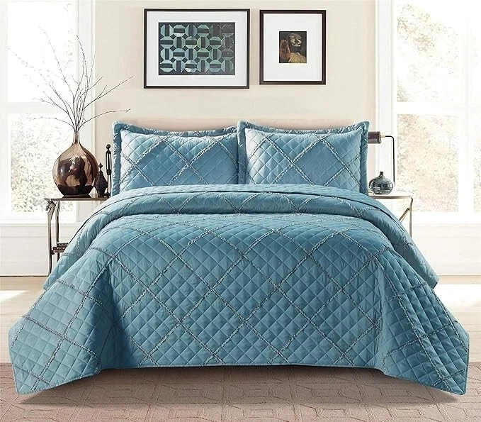 Ruffle Embossed 3 Piece Quilted Bedspread Set