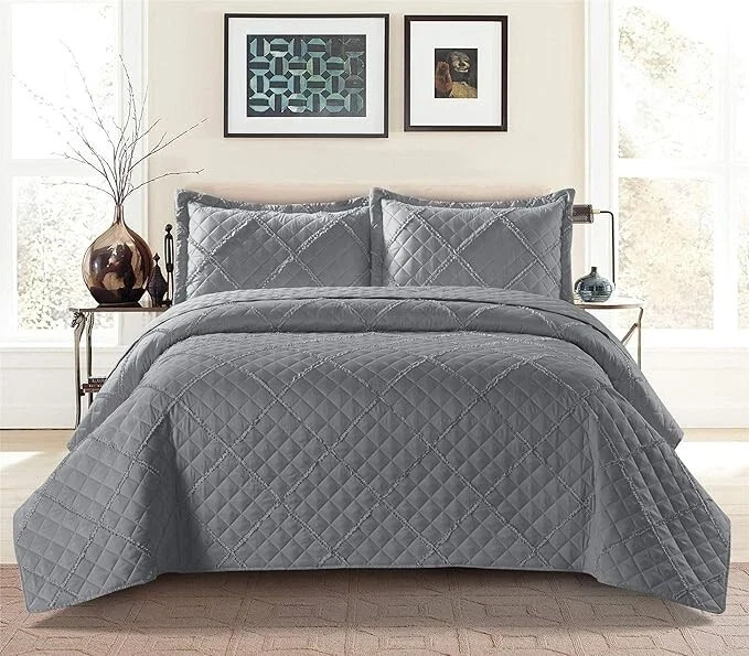 Ruffle Embossed 3 Piece Quilted Bedspread Set