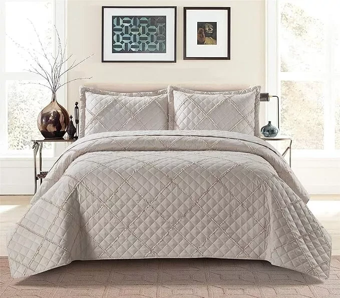 Ruffle Embossed 3 Piece Quilted Bedspread Set