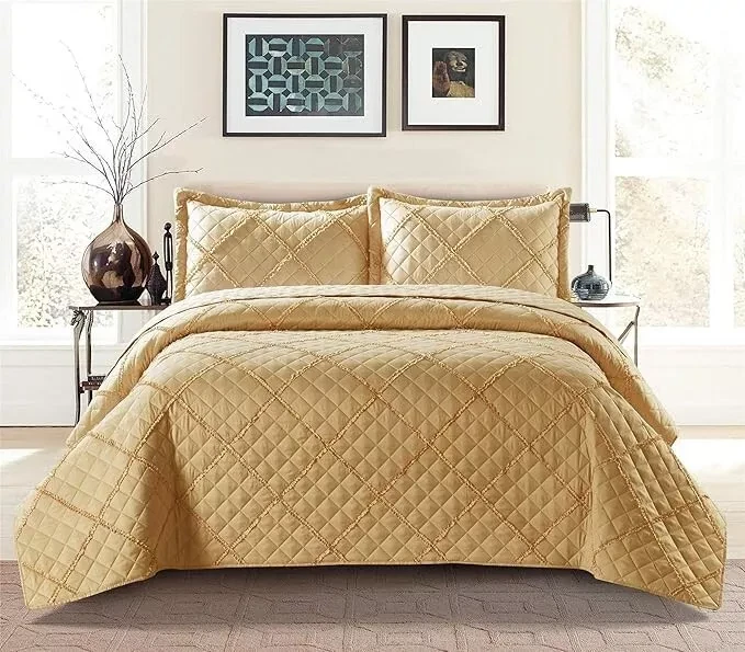 Ruffle Embossed 3 Piece Quilted Bedspread Set