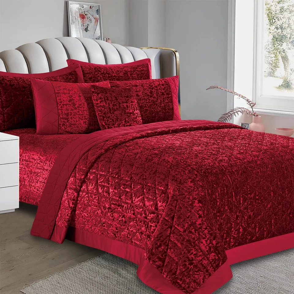 Plush Crushed Velvet 3 Piece Quilted Bedspread Set